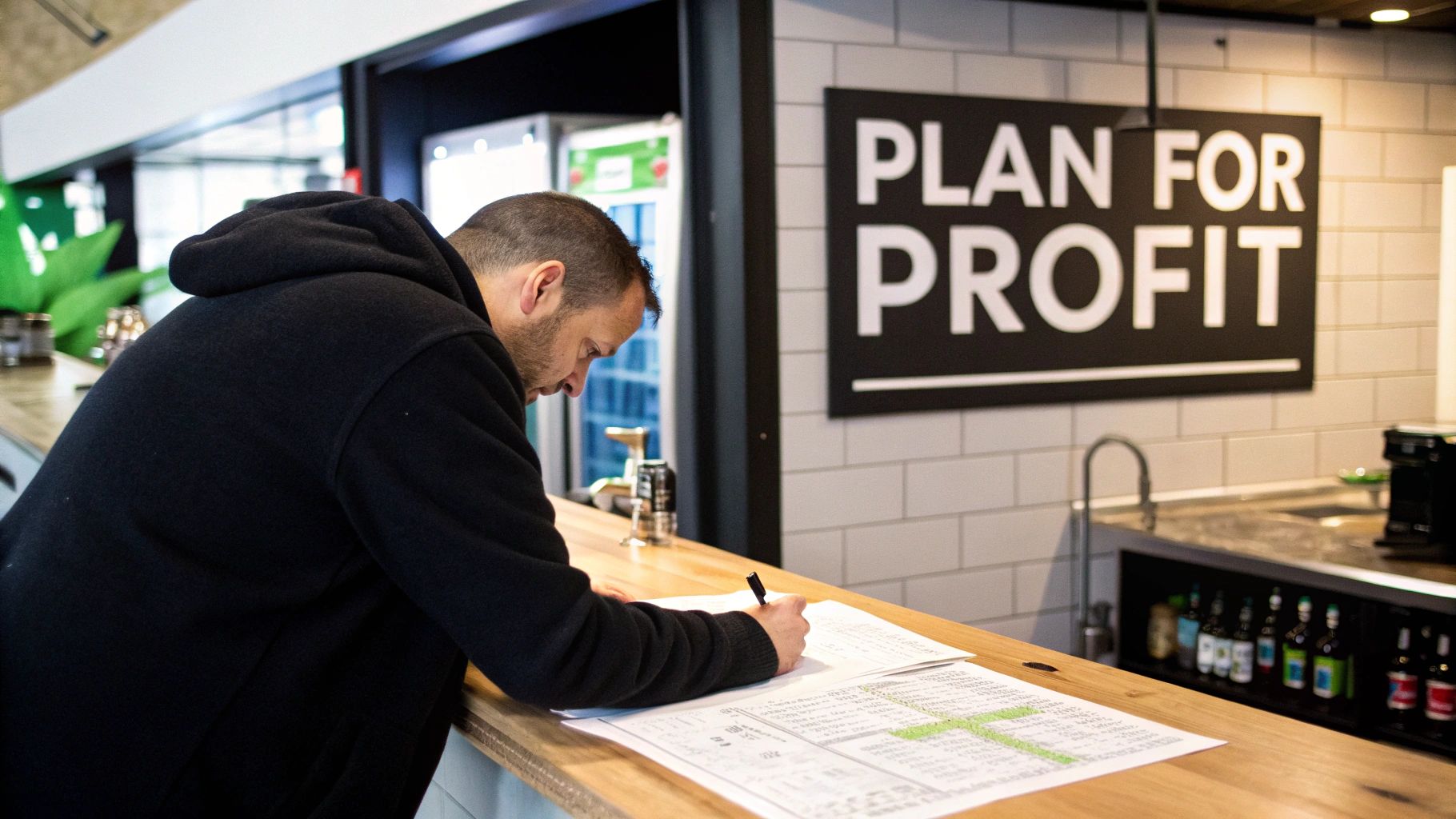 Man in black hoodie writing on paper at a counter with a 'Plan for Profit' sign.