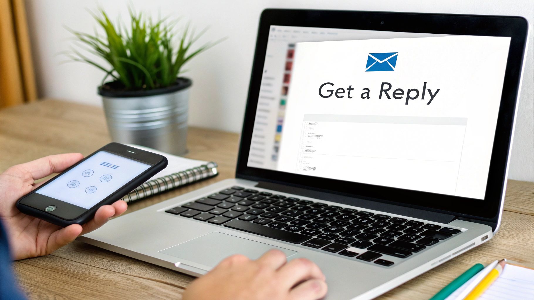 A person sending an outreach email on a laptop, with a friendly and professional tone.