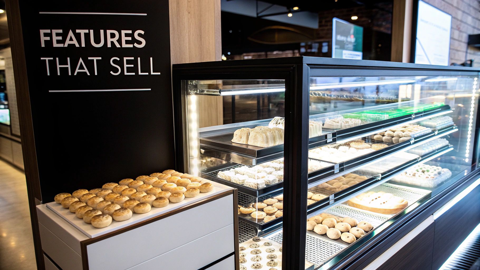 A well-lit bakery display case filled with diverse pastries and breads, next to a sign that reads 'FEATURES THAT SELL'.