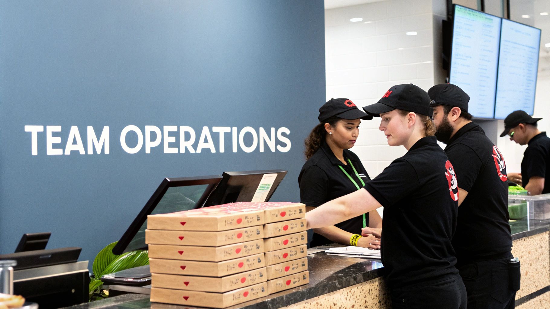 Employees in black uniforms and hats work behind a counter with stacked pizza boxes and a 'TEAM OPERATIONS' sign.