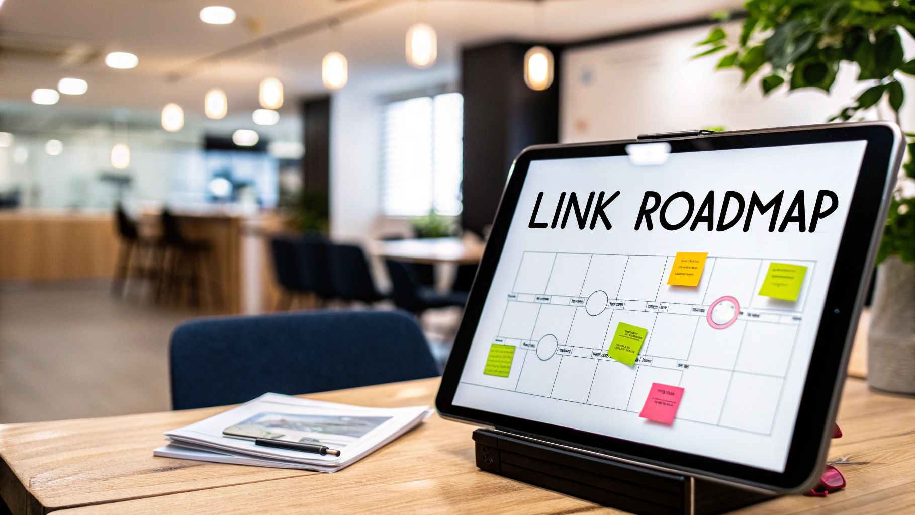 A tablet displays a 'LINK ROADMAP' with colorful sticky notes on a wooden desk in a modern office.