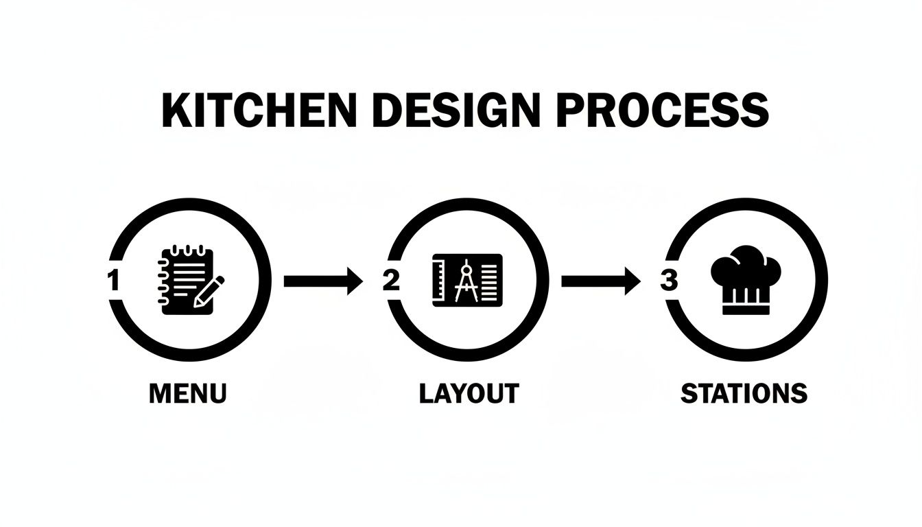 A three-step kitchen design process: menu planning, layout creation, and station setup.