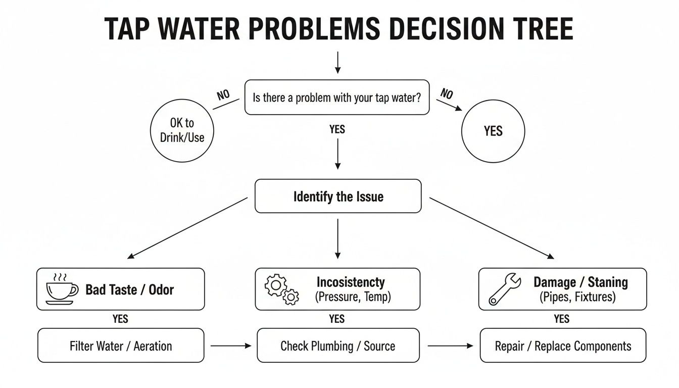 A decision tree flowchart guiding users on troubleshooting and solving common tap water problems.
