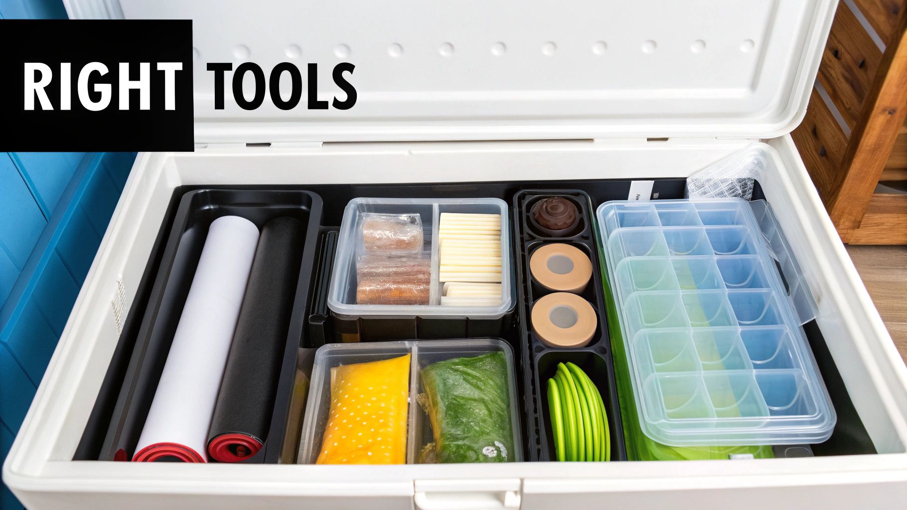 A neatly organized white chest freezer filled with pre-portioned food containers, rolls, and an ice tray.