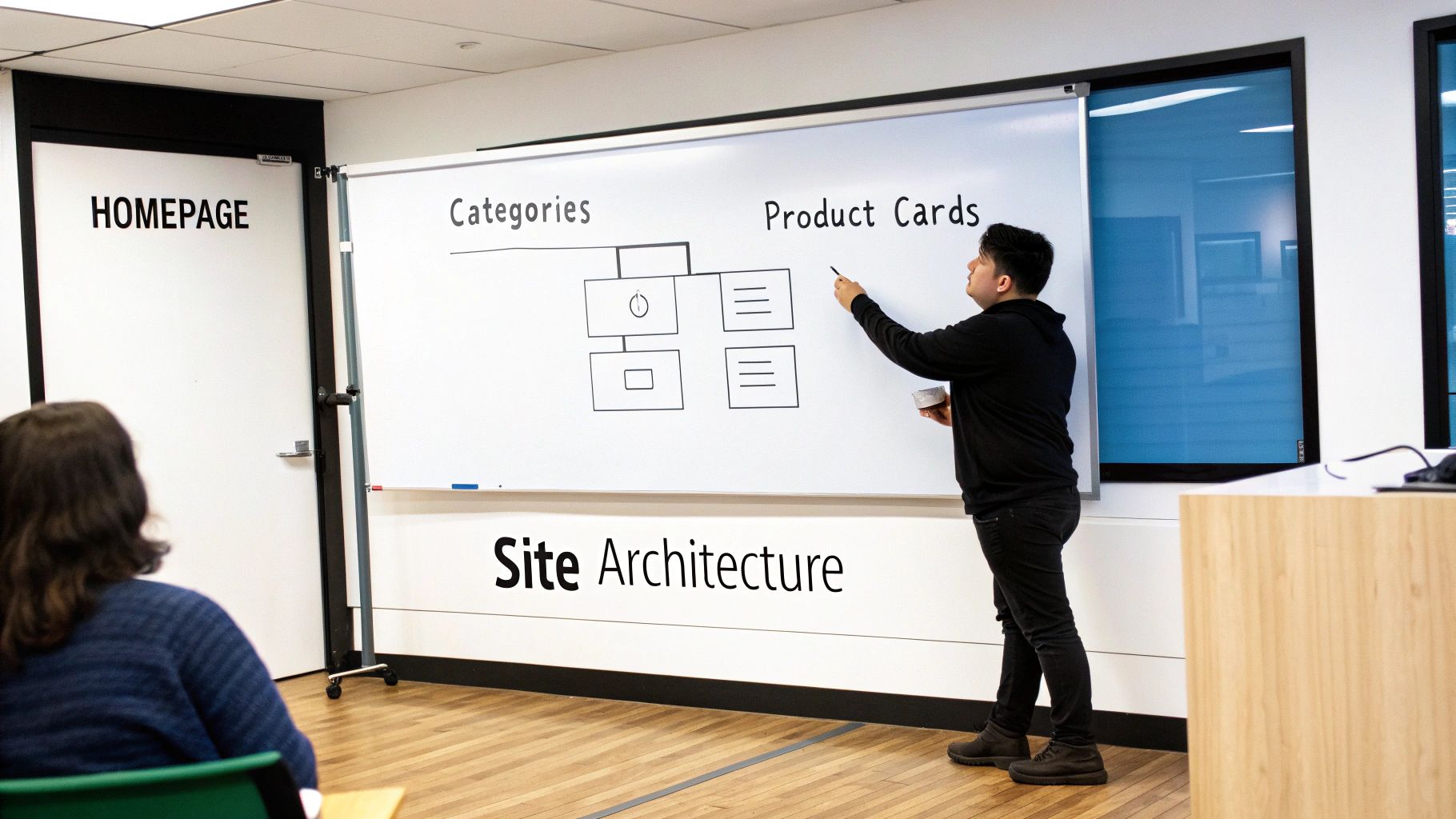 A person explains site architecture on a whiteboard, showing 'Categories' and 'Product Cards' to an audience.