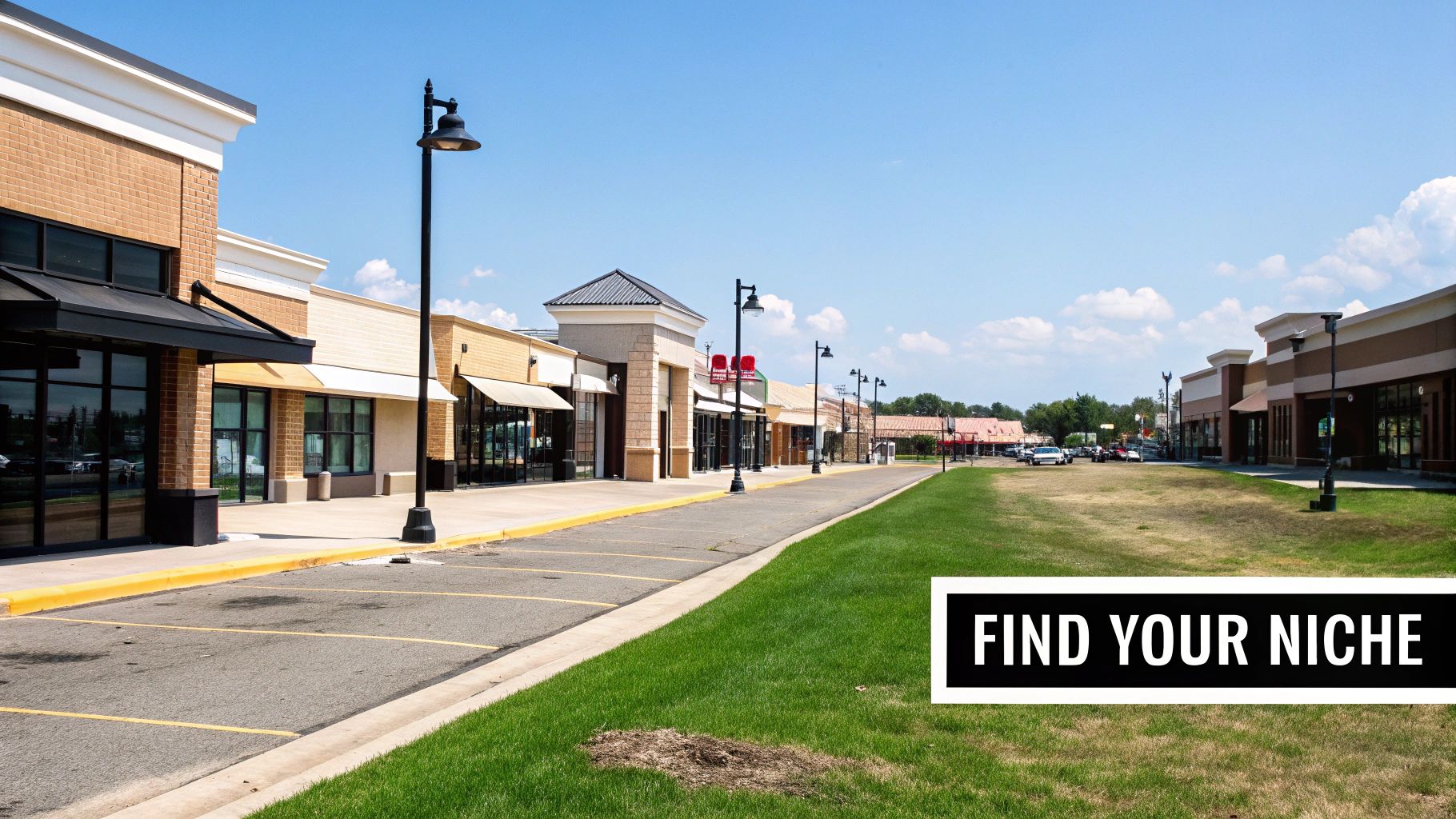A sunny outdoor shot of a long strip mall with various retail stores, a paved road, and a grassy area.