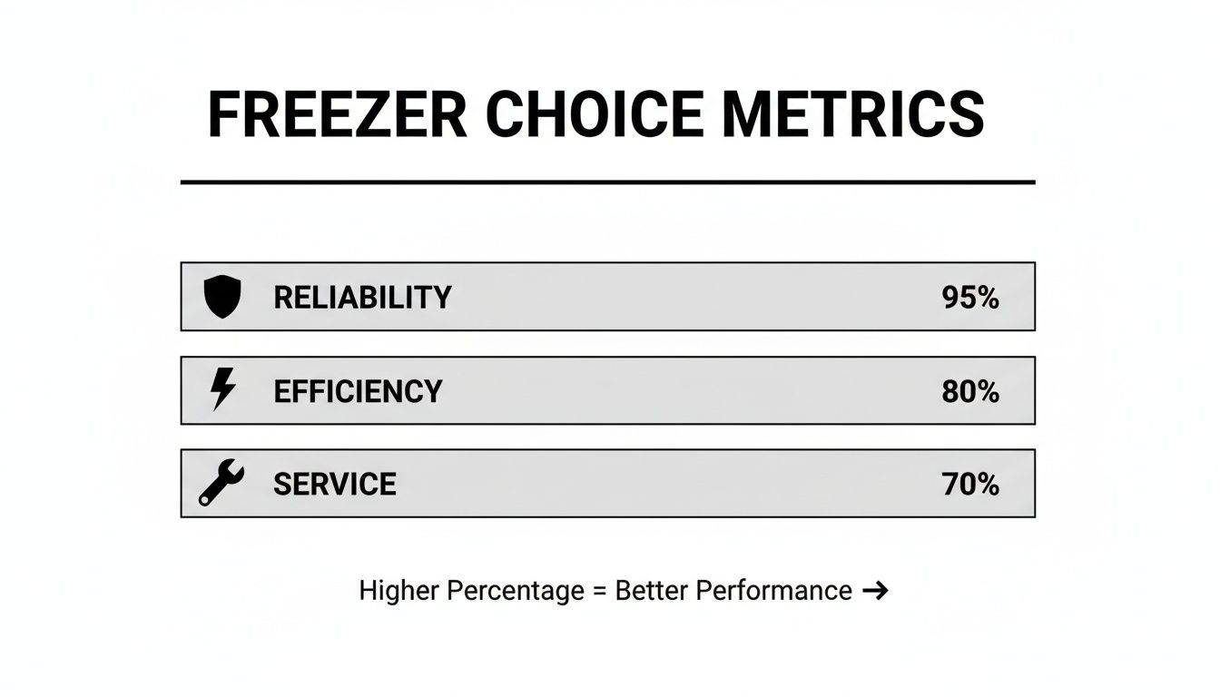 Freezer choice metrics chart displaying reliability at 95%, efficiency at 80%, and service at 70%.