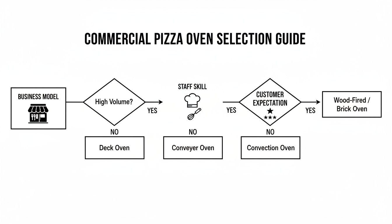 Flowchart guiding commercial pizza oven selection based on business model, volume, staff skill, and customer expectations.
