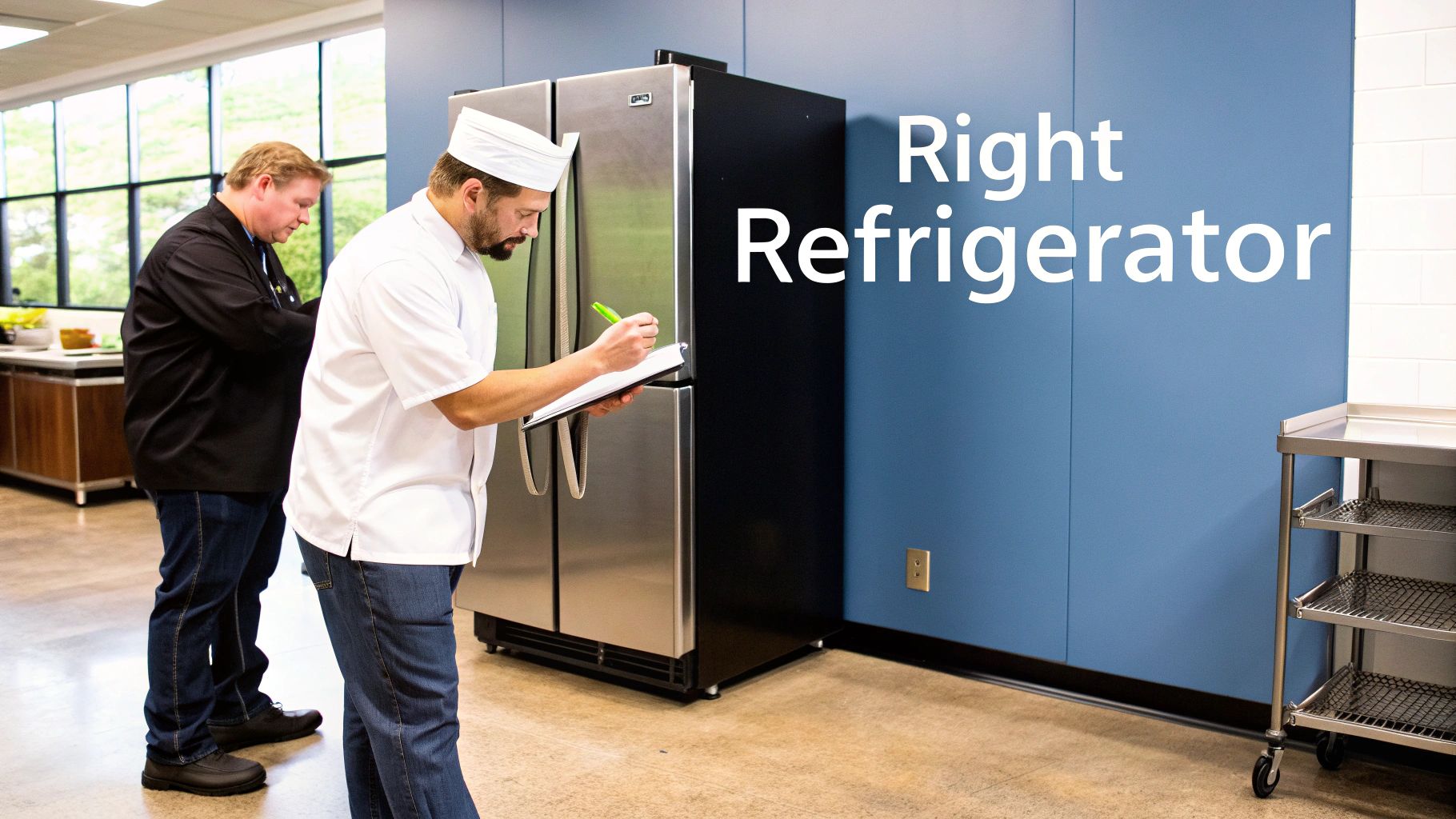 Chefs inspecting a large commercial stainless steel refrigerator, ensuring proper food storage in a kitchen.