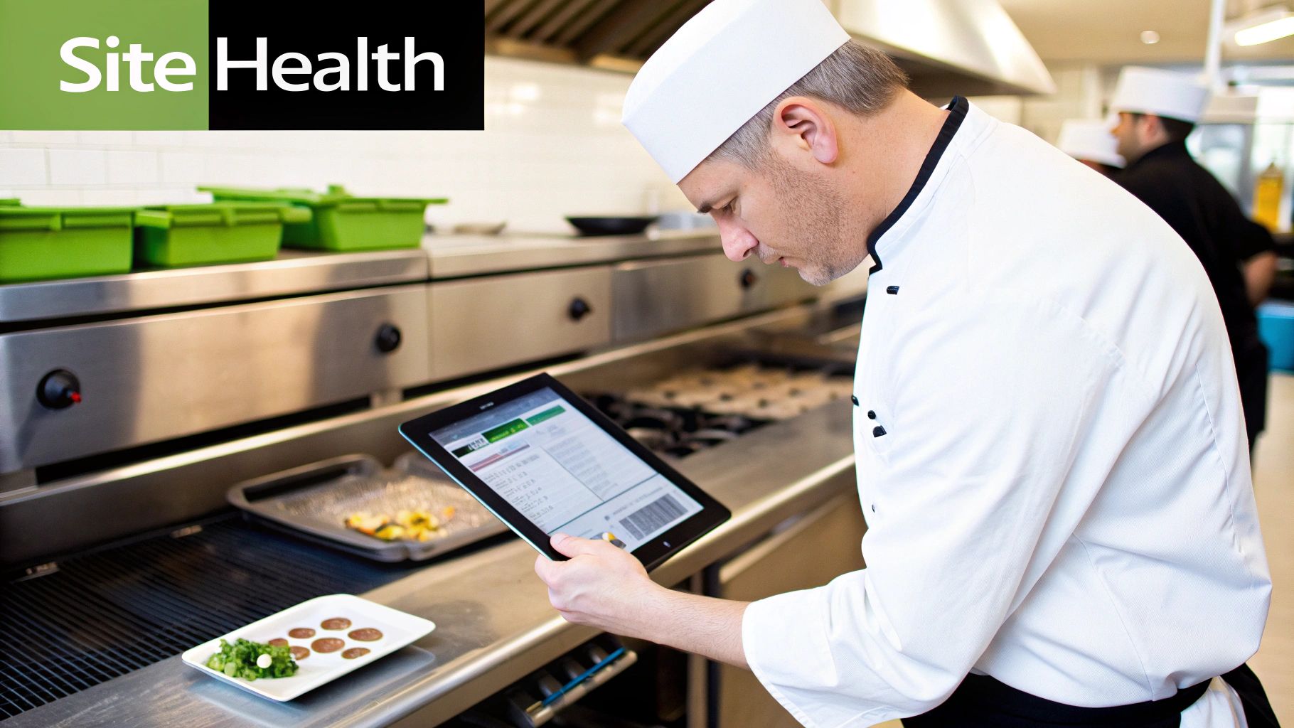 A professional chef in a commercial kitchen uses a digital tablet, reviewing information on screen.