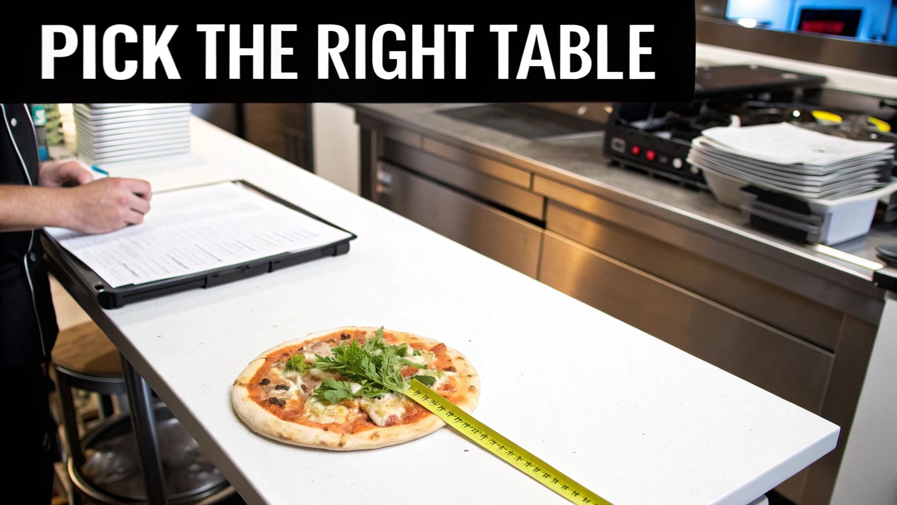 A chef preparing a pizza on a stainless steel pizza prep table filled with fresh ingredients.