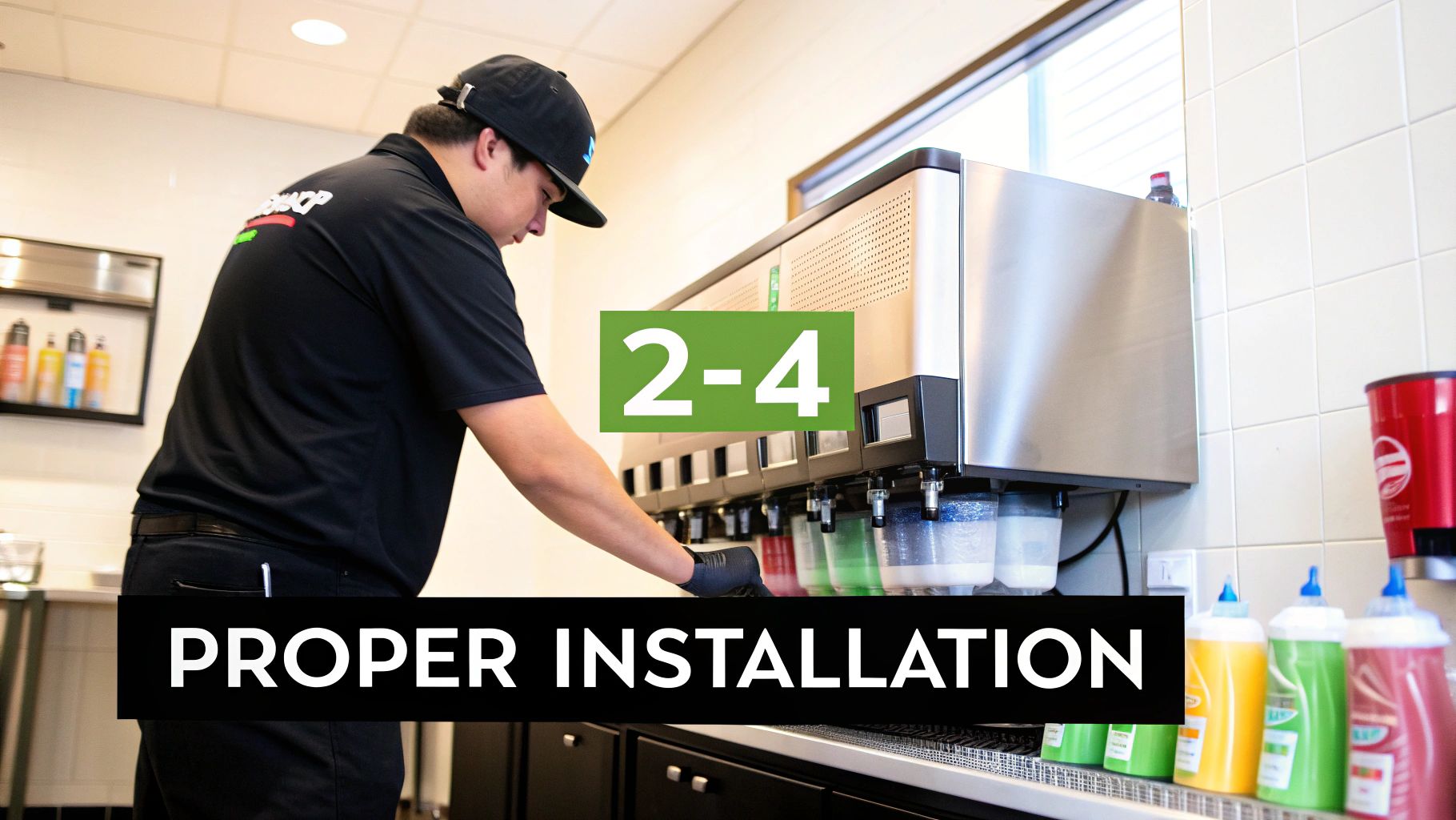 A person in a black shirt and cap properly installing or refilling multiple colorful frozen beverage dispensers.