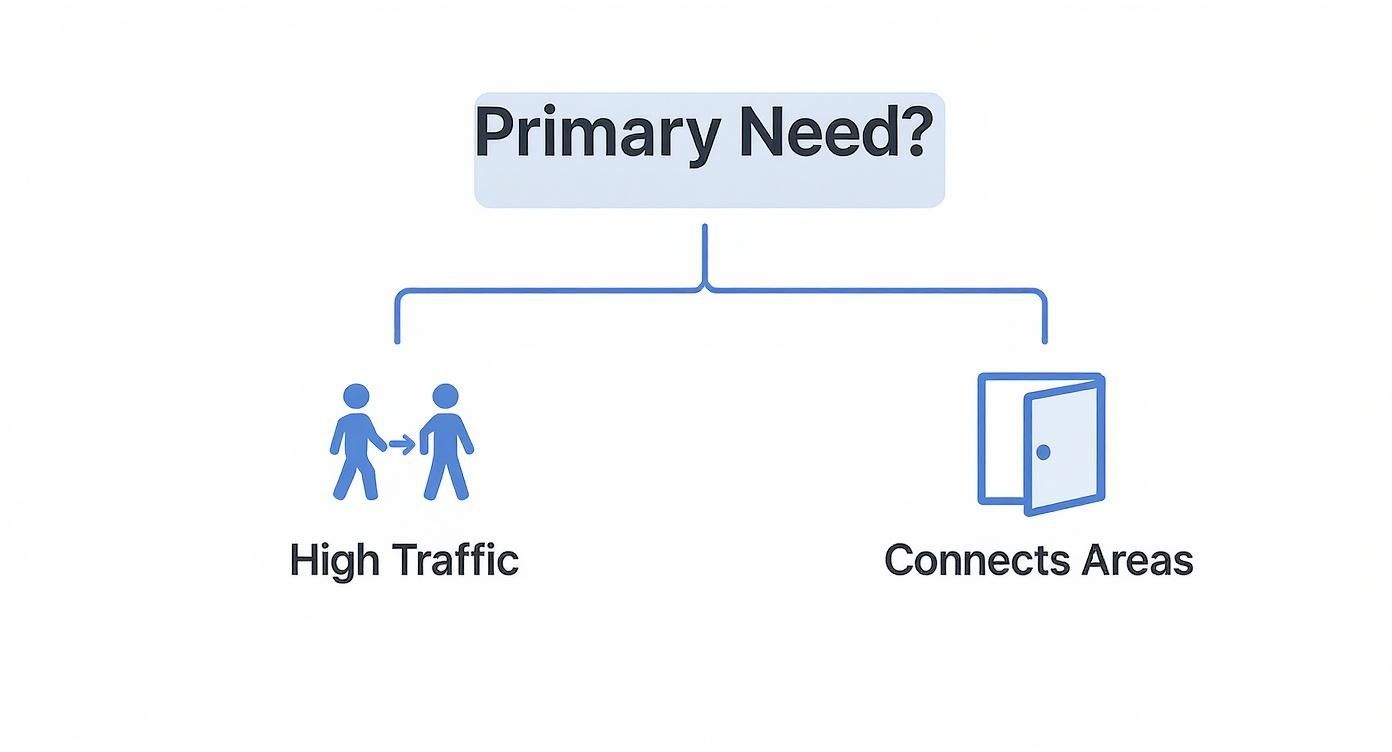 Flowchart asking 'Primary Need?', branching to 'High Traffic' (people icon) and 'Connects Areas' (door icon).