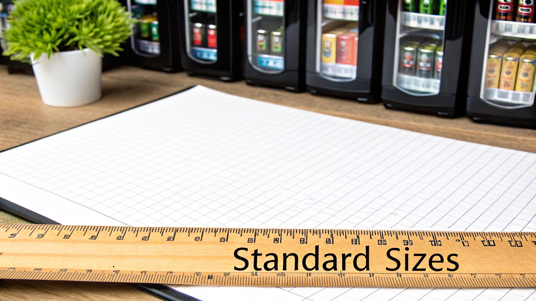 A wooden ruler with 'Standard Sizes' on graph paper, with mini fridges and a plant in background.