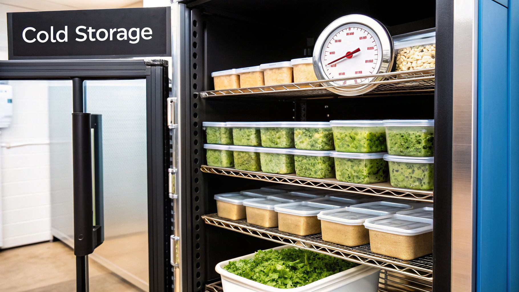 A cold storage refrigerator unit with organized shelves of food containers and a temperature gauge.