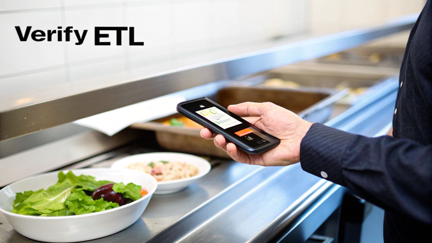 A person holds a smartphone displaying food information in a cafeteria line with various dishes.