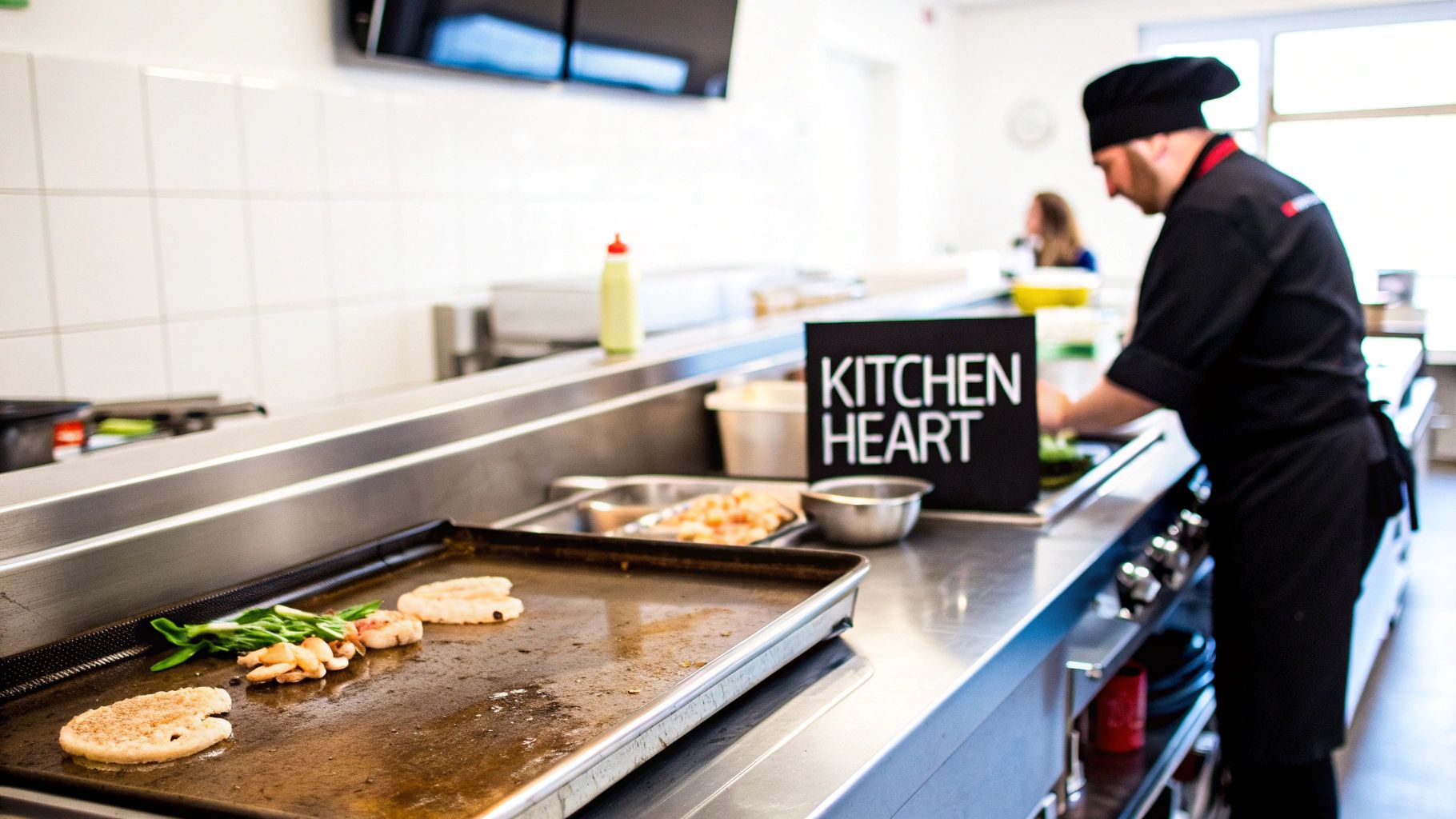 A chef cooking on a large commercial griddle in a busy restaurant kitchen.