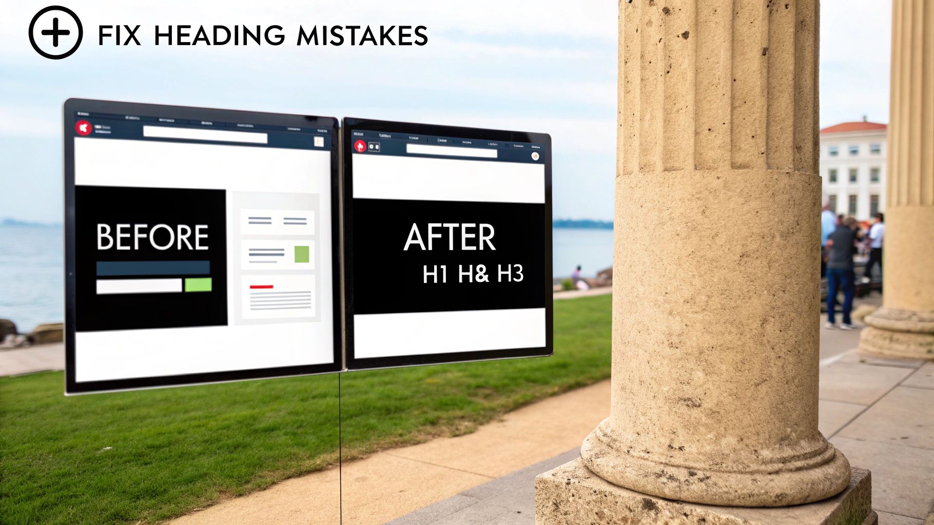 Digital screens illustrating 'BEFORE' and 'AFTER' fixing heading mistakes with H1 and H3 tags for SEO.