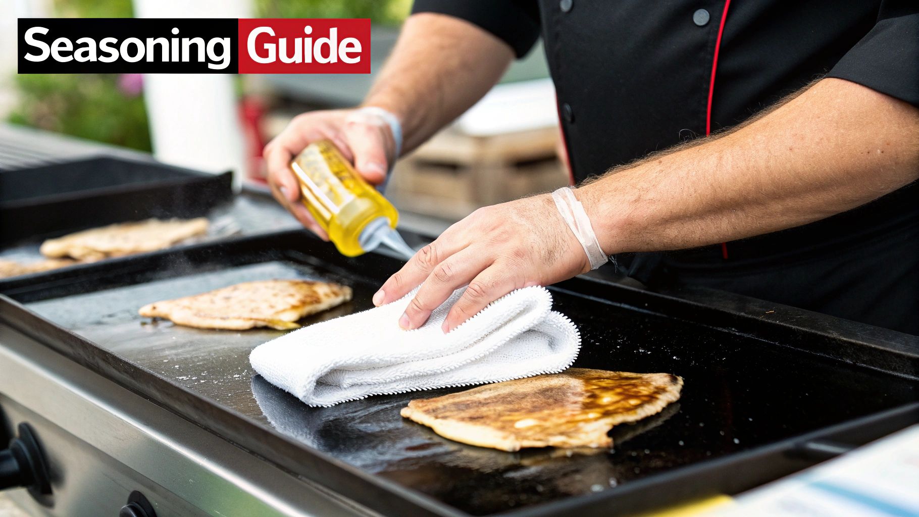 A chef wearing black uniform and gloves cleaning a commercial griddle with a white towel.