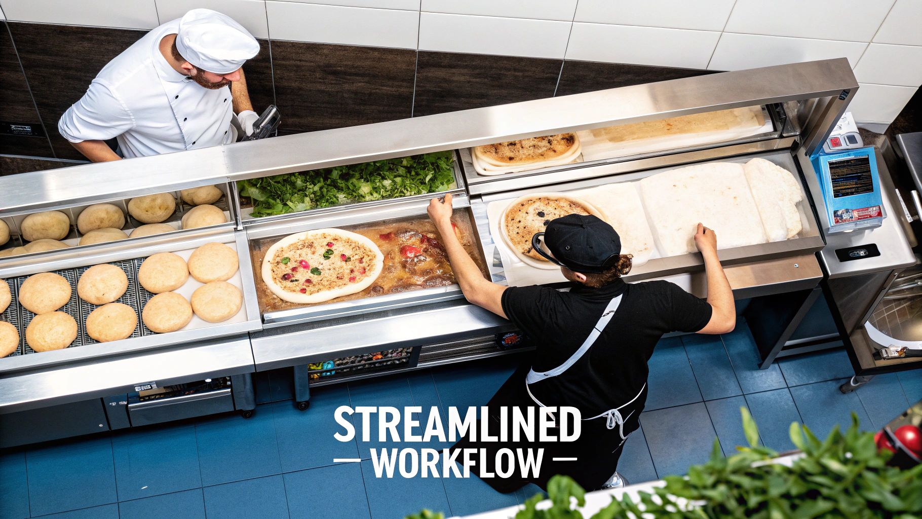 A well-organized pizza prep station next to a stainless steel commercial oven.