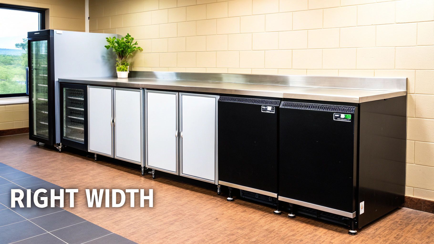 A long row of under-counter refrigerators with stainless steel countertop in a modern commercial space.