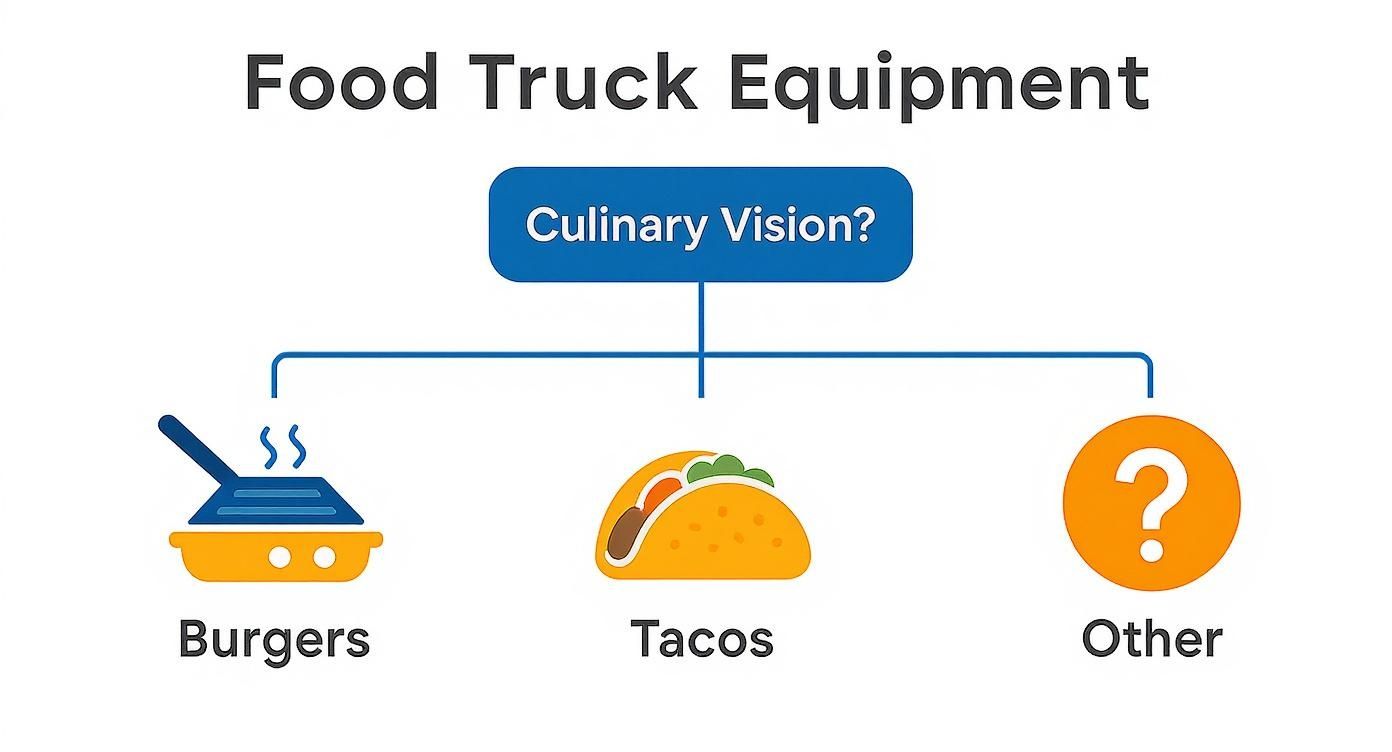 Food truck equipment decision flowchart showing culinary vision options for burgers, tacos, or other menu items