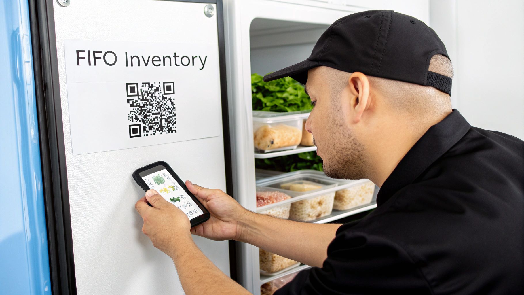 Man scans FIFO inventory QR code on a refrigerator with his smartphone to manage food stock.