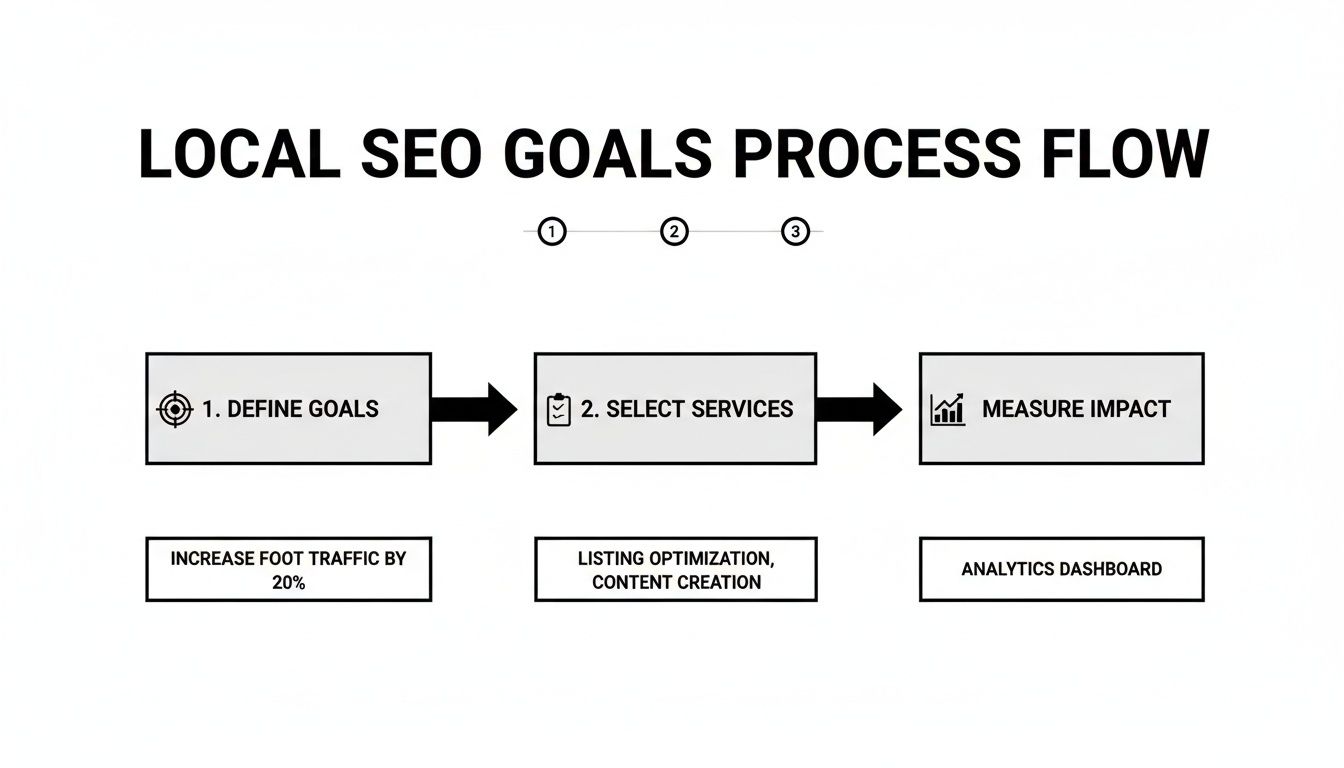 A flowchart illustrating the local SEO goals process flow: define, select services, and measure impact.