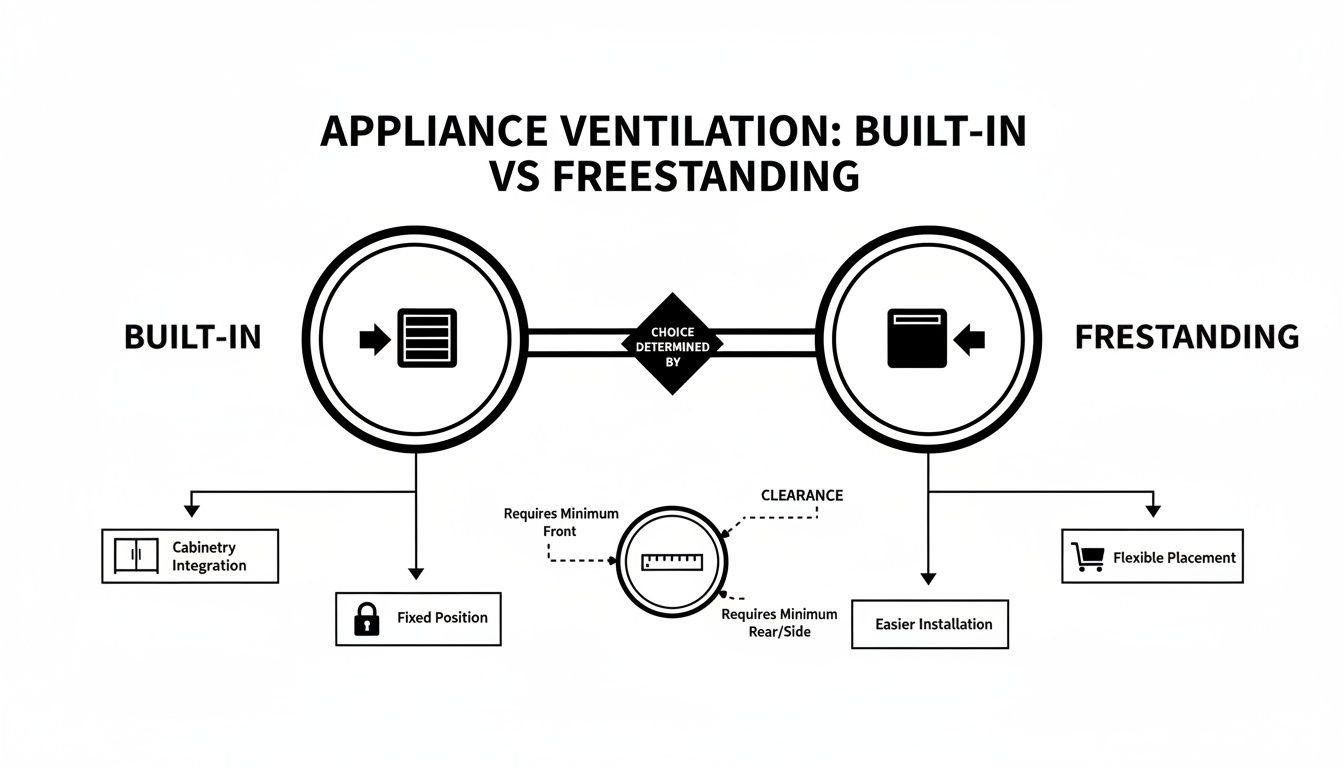 Diagram comparing built-in vs. freestanding appliance ventilation, showing features like integration, installation, and clearance.