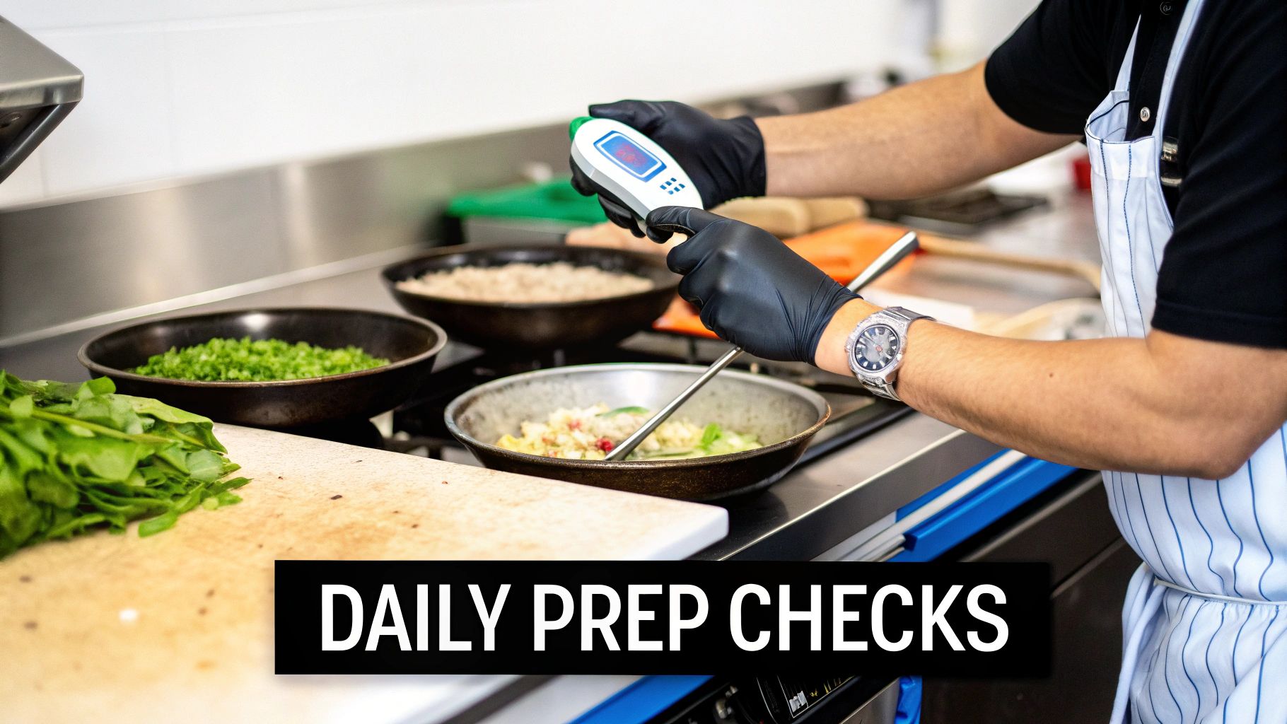 Chef in black gloves uses a digital thermometer for daily food prep checks in a professional kitchen.