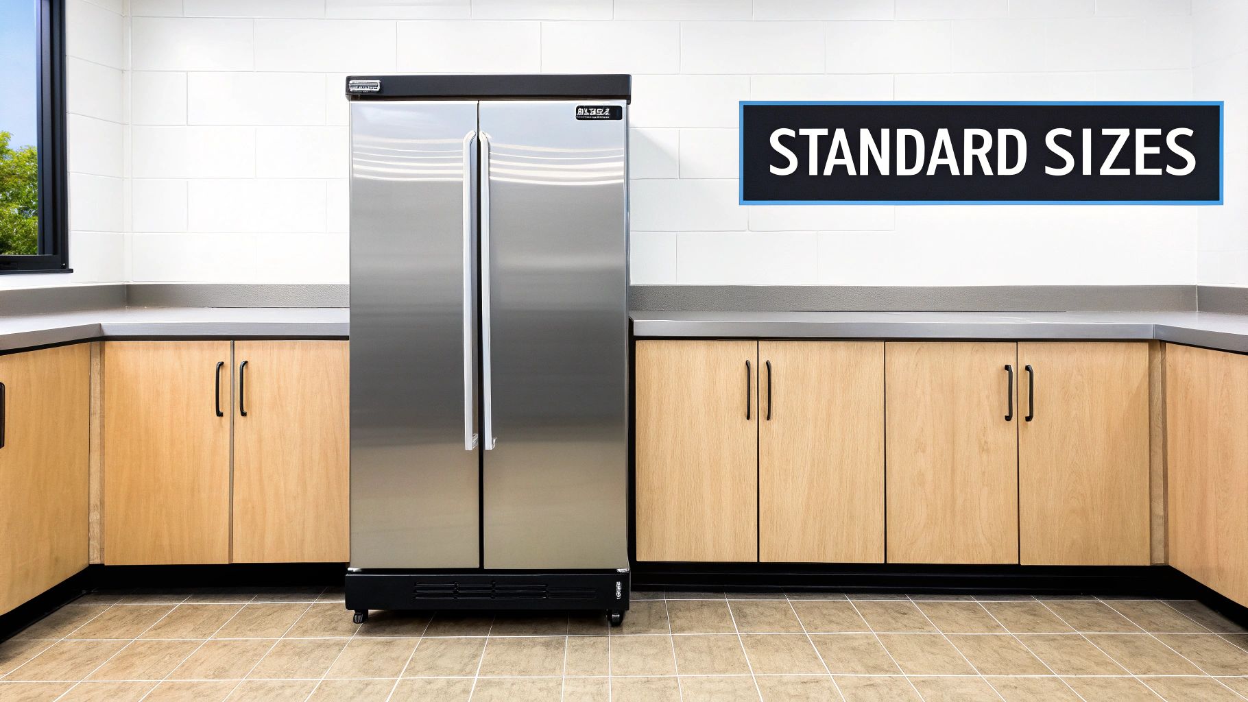 A commercial stainless steel refrigerator stands between light wood base cabinets with grey countertops in a kitchen.