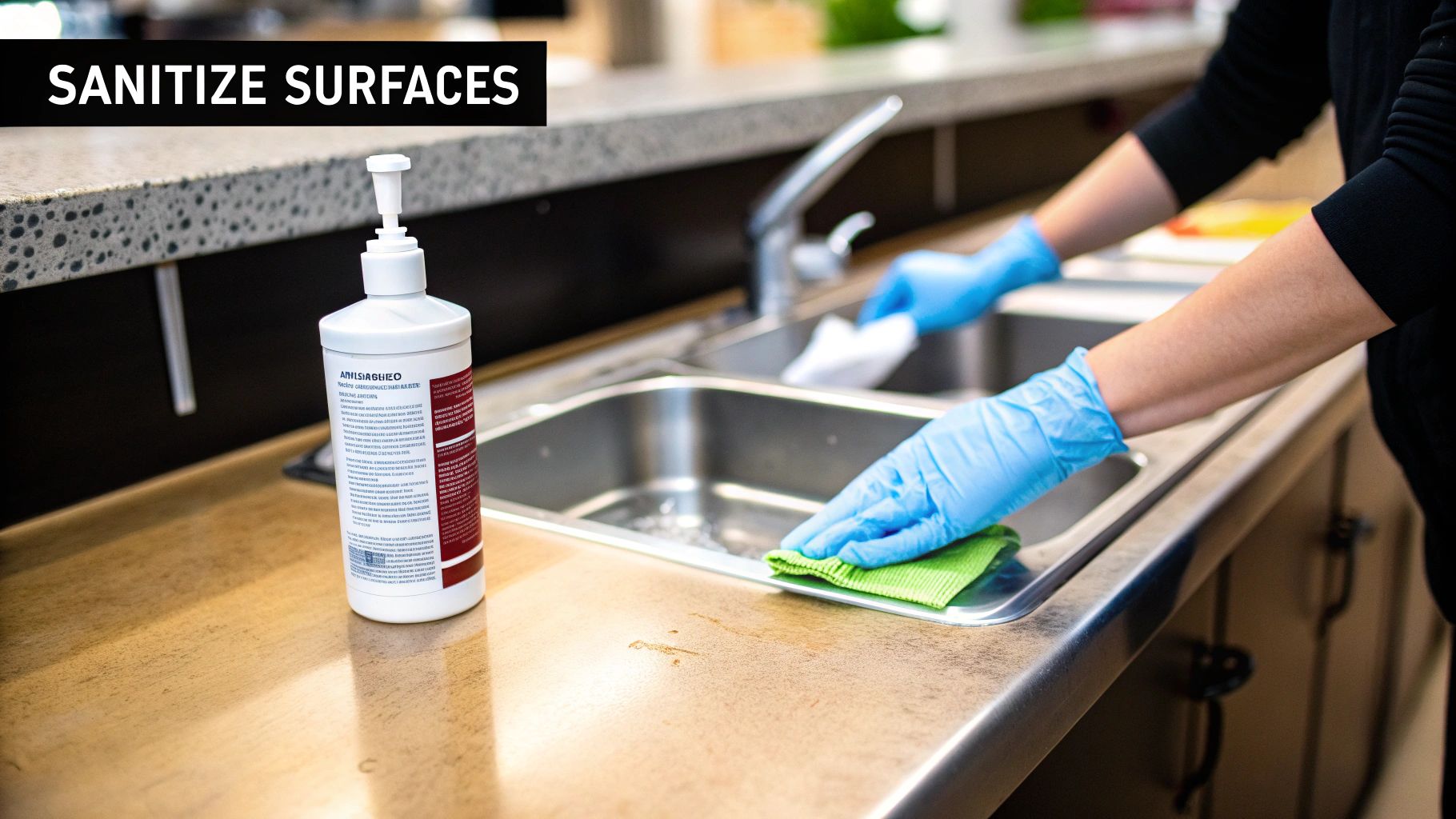 A person in blue gloves cleans a kitchen counter and sink with a green cloth, sanitizing surfaces.