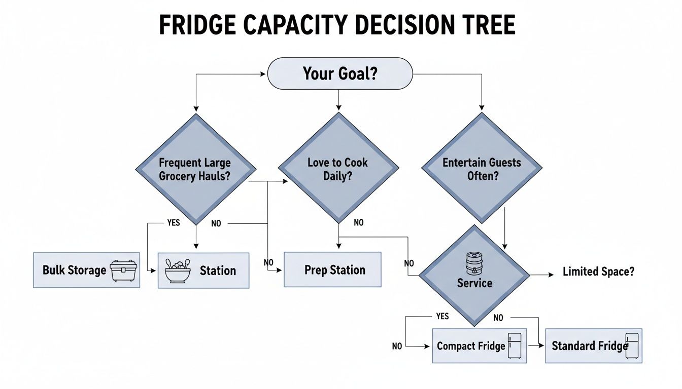 Decision tree flowchart for choosing fridge capacity based on cooking habits, grocery hauls, and entertaining needs.