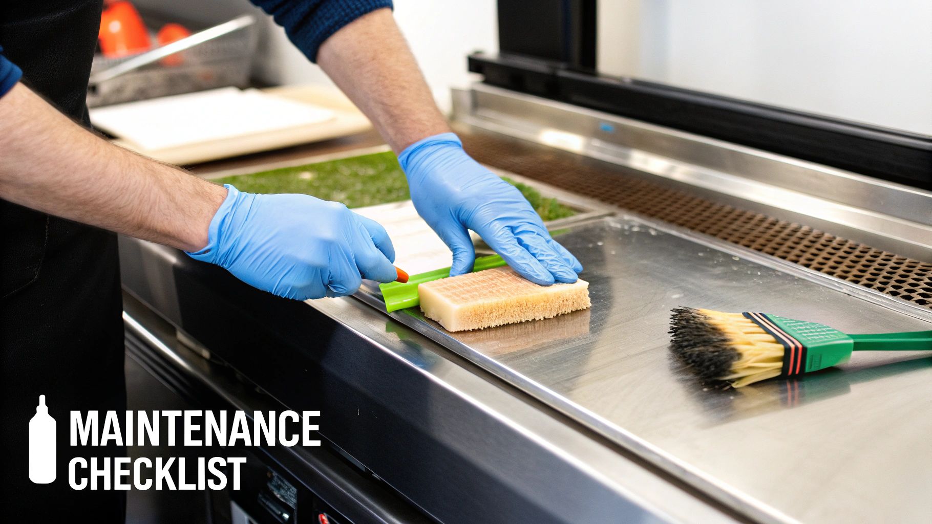 Person in blue gloves cleaning a stainless steel sandwich refrigerated prep table with a scrub brush.