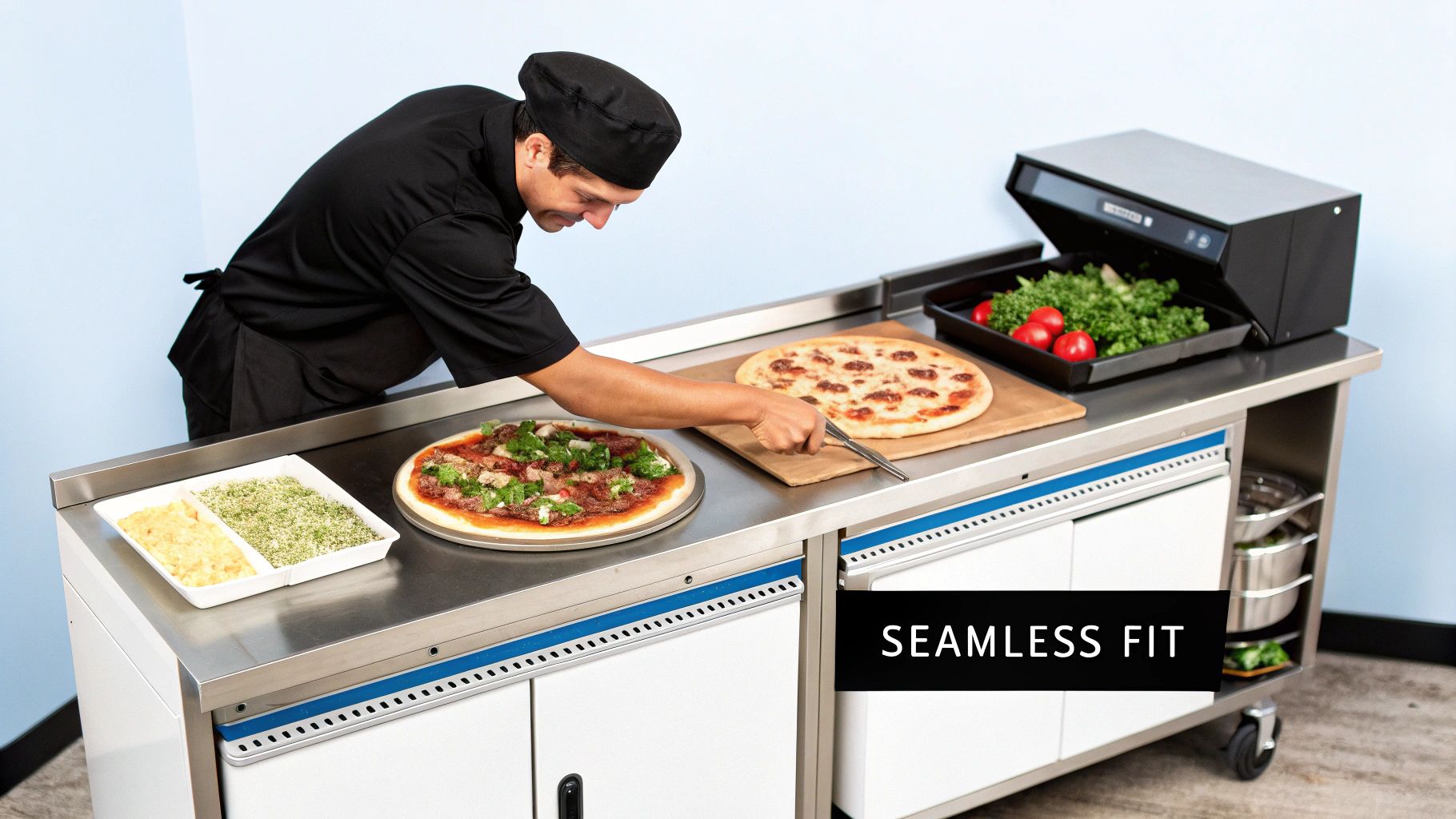 Chef preparing pizzas on a stainless steel commercial kitchen counter with ingredients and under-counter storage.
