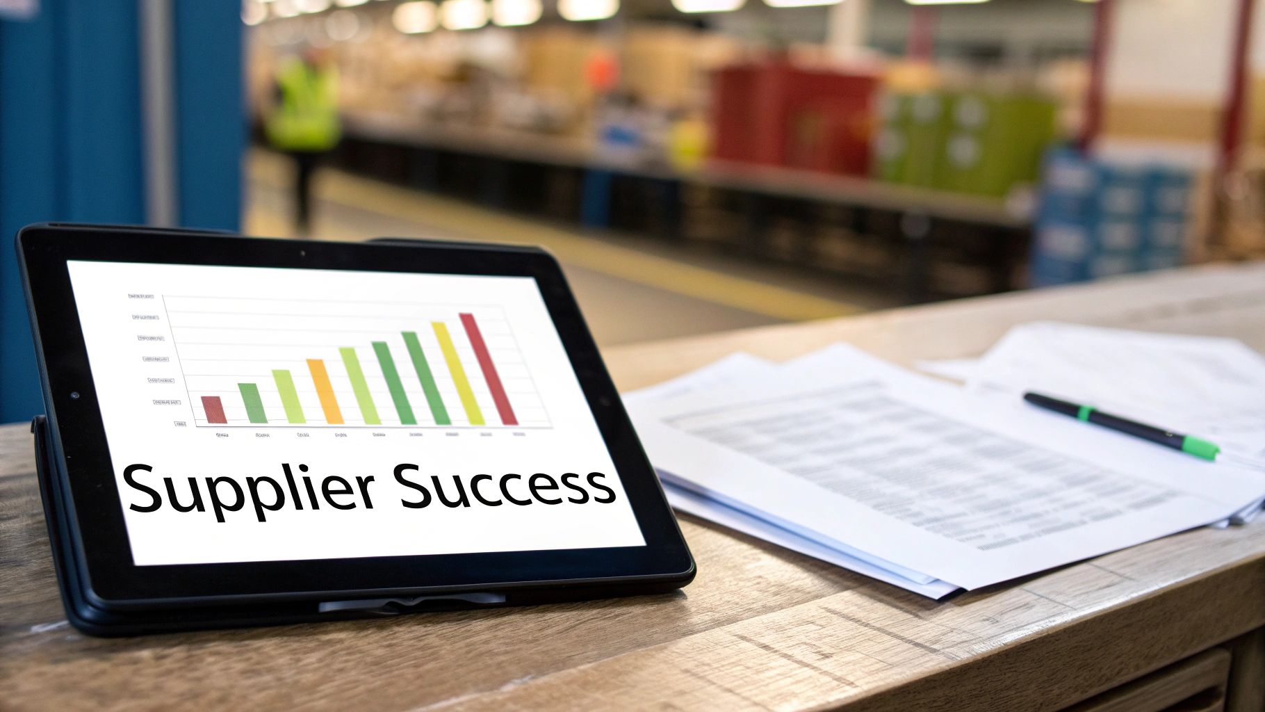 Tablet displays 'Supplier Success' chart on a wooden desk with papers and a pen, in a warehouse setting.