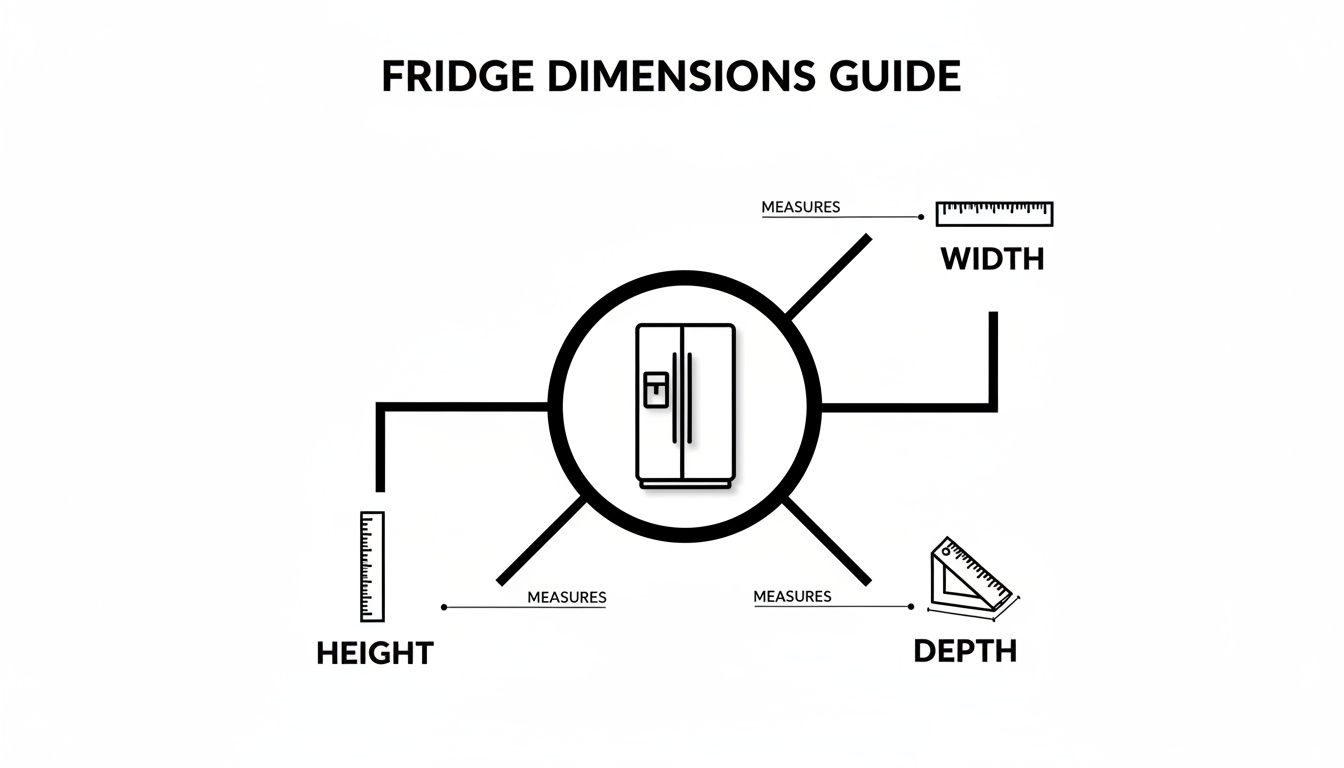 Diagram illustrating how to measure a fridge's width, height, and depth for dimensions.