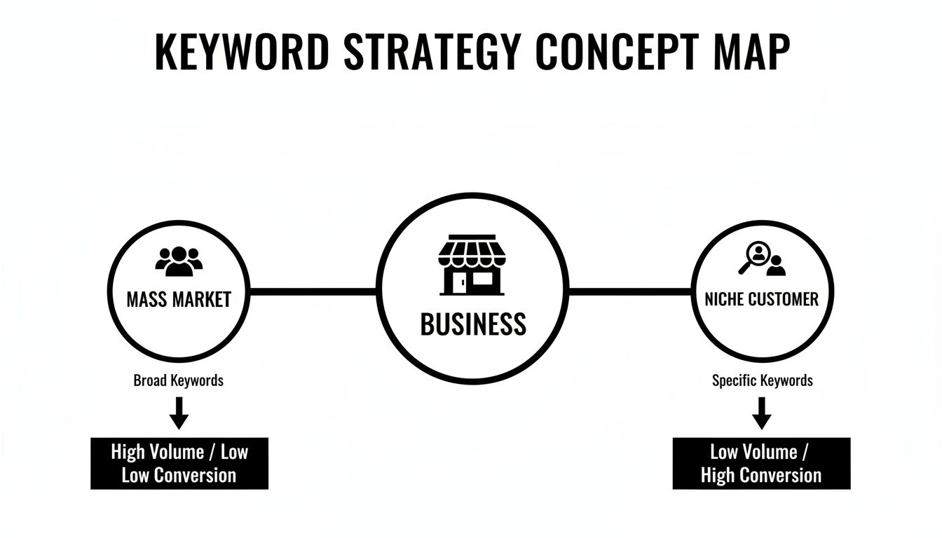 Keyword strategy concept map for business, distinguishing broad (high volume, low conversion) and specific (low volume, high conversion) keywords.