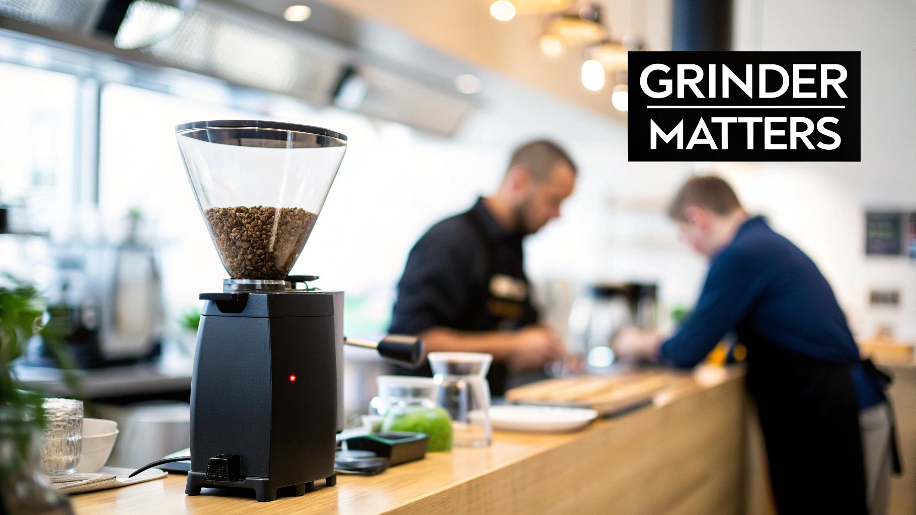 Modern black commercial coffee grinder with clear hopper filled with beans on cafe counter