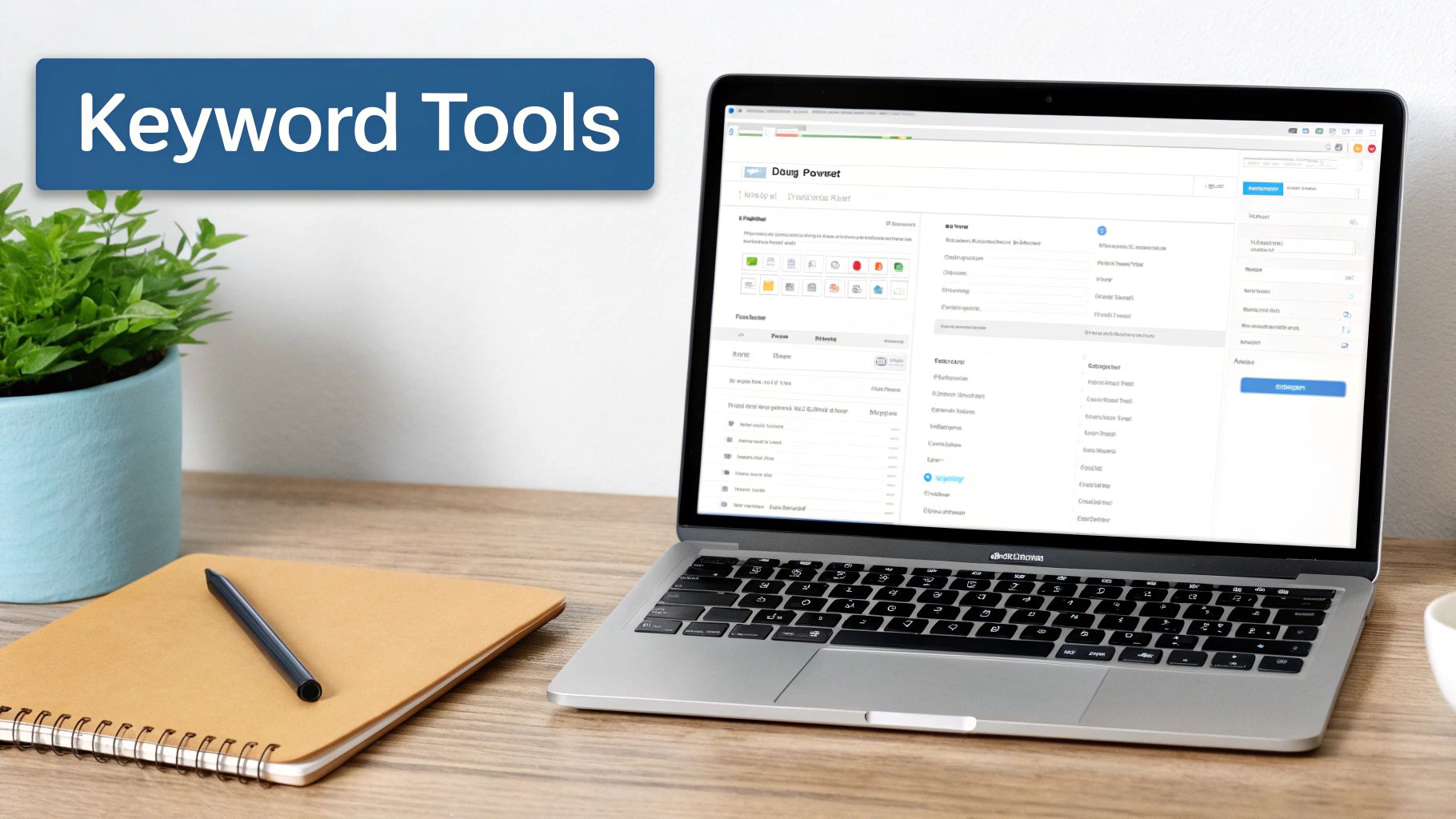 A laptop on a desk showing a keyword research tool interface, with a plant and notepad.