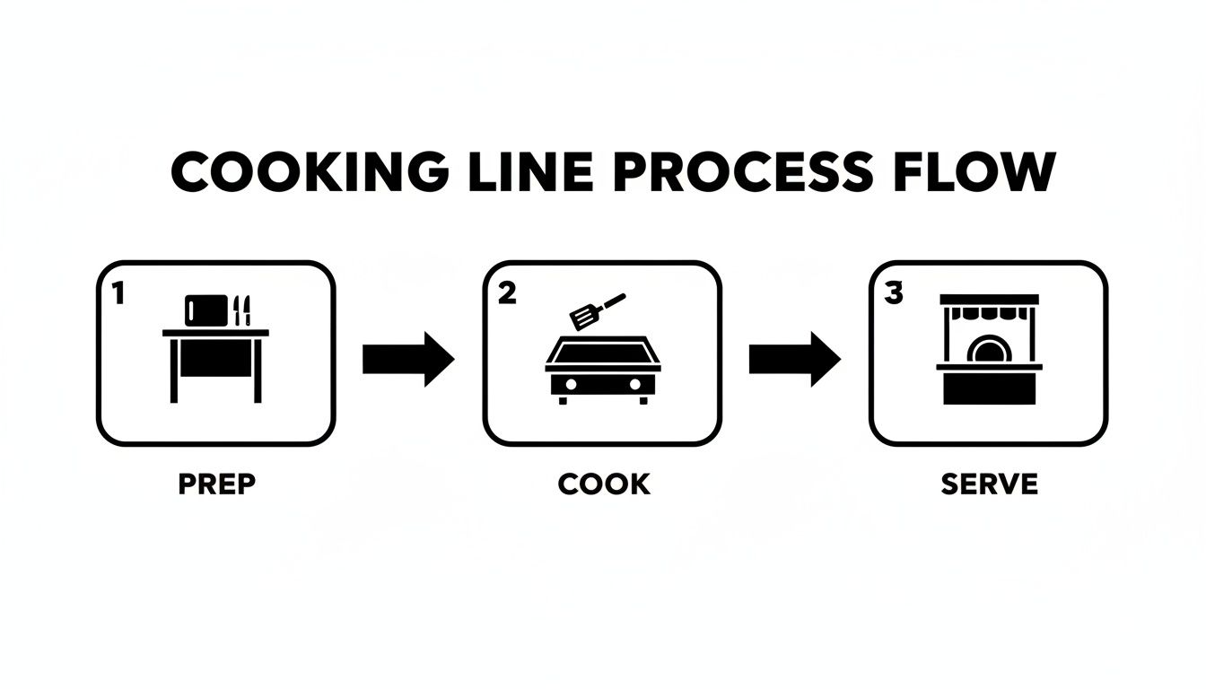 A three-step cooking line process flow diagram showing Prep, Cook (food truck), and Serve.