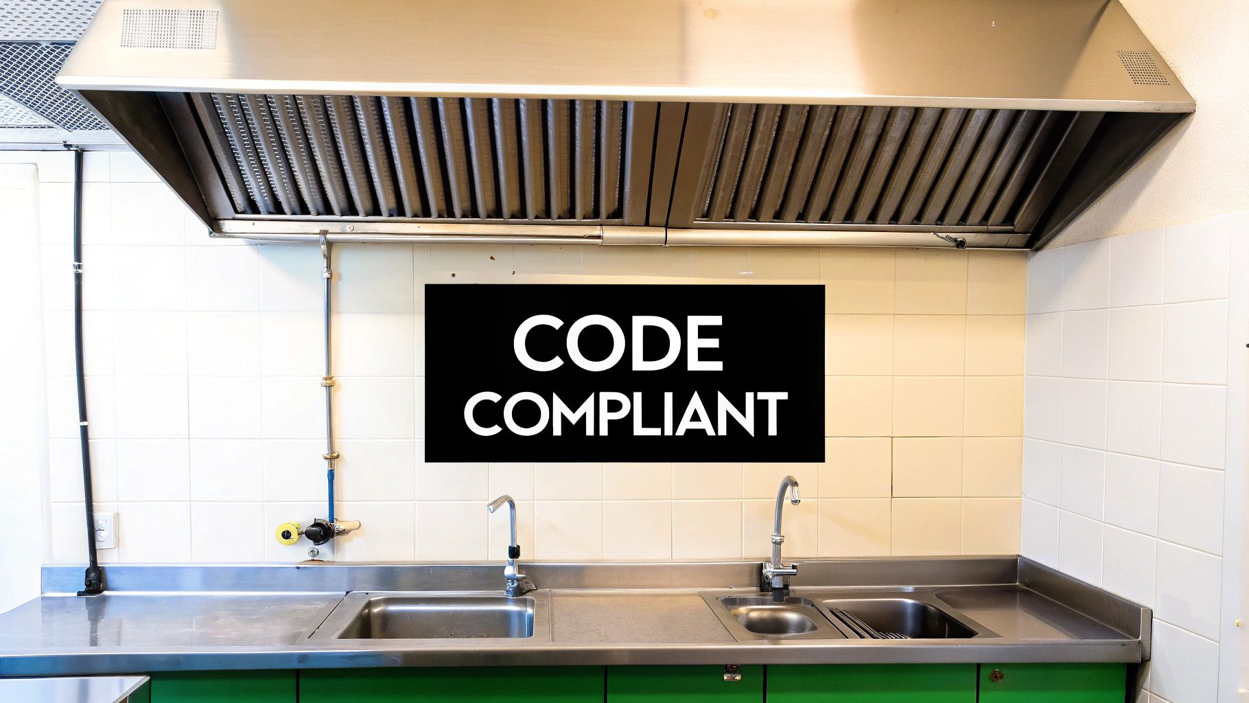 A clean commercial kitchen featuring stainless steel sinks, an exhaust hood, and a 'CODE COMPLIANT' sign.