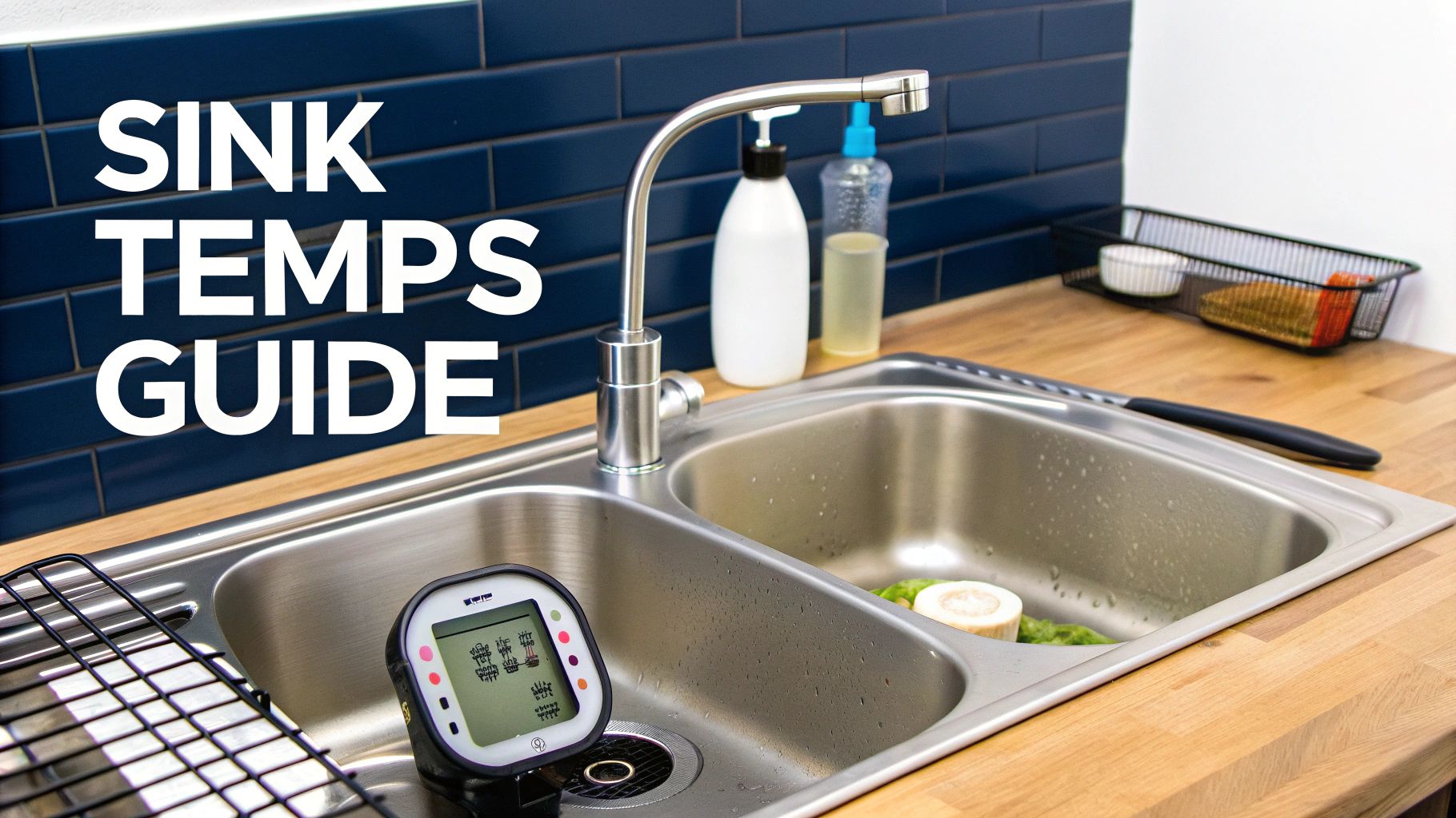 Modern kitchen sink with a digital thermometer measuring water temperatures, featured in a 'Sink Temps Guide'.