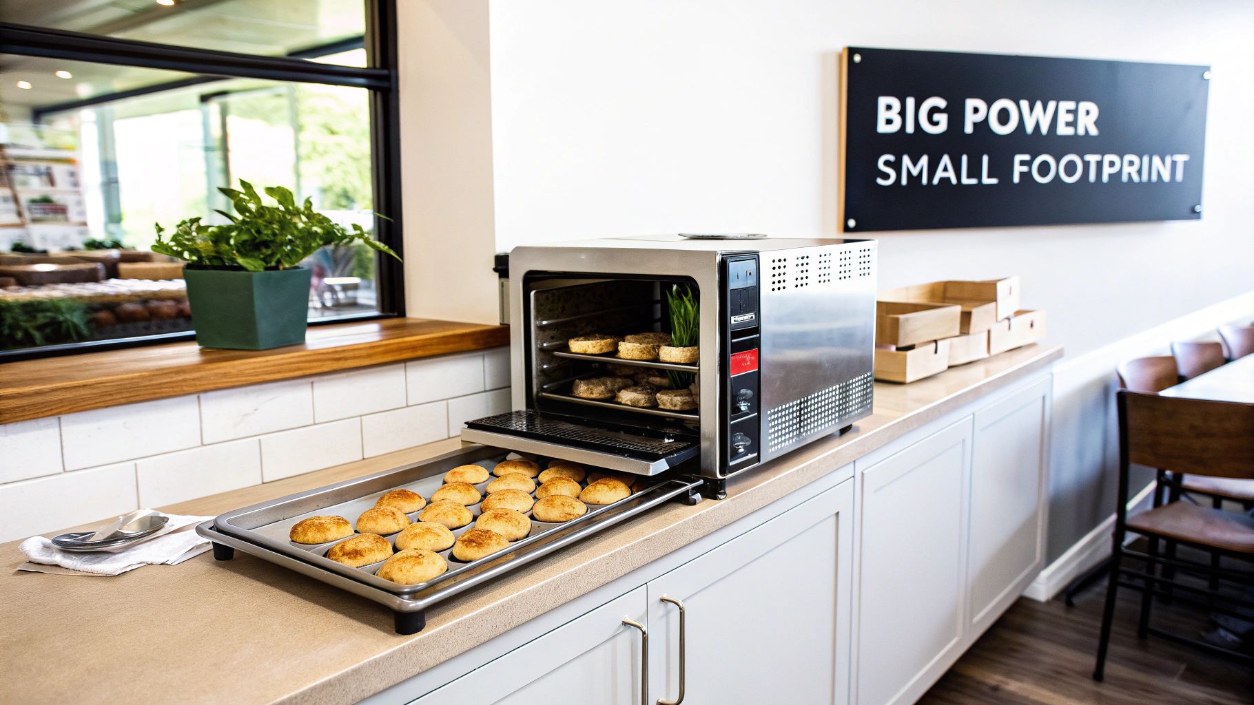 A stainless steel commercial countertop convection oven with golden baked goods on a tray and inside.