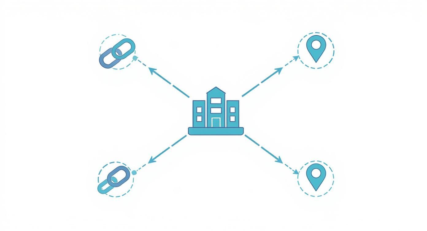 Building icon in a network connecting to web links and geographic locations.