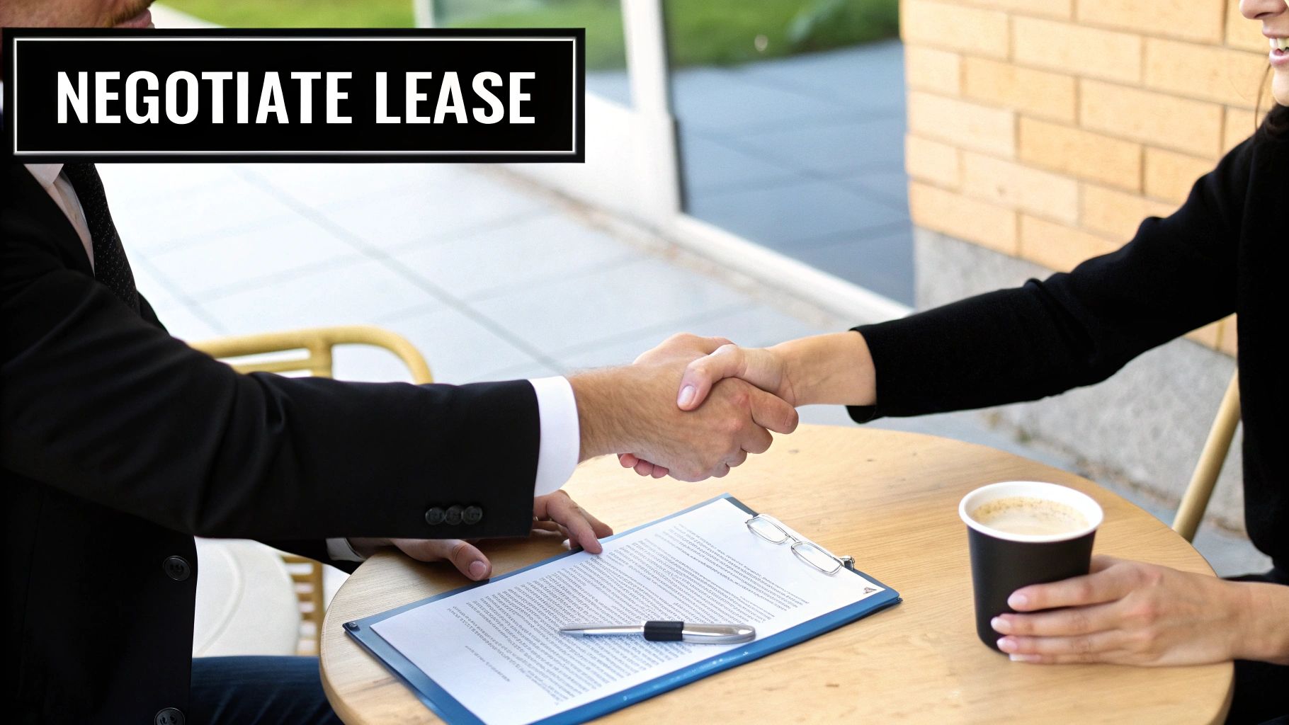 A restaurant owner and a leasing agent discussing a contract at a table.