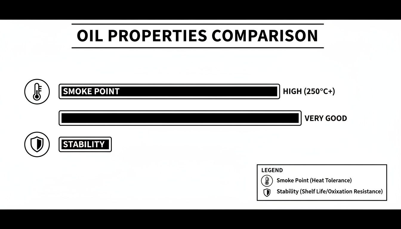 A comparison chart displaying oil properties, highlighting a high smoke point (250°C+) and very good stability.