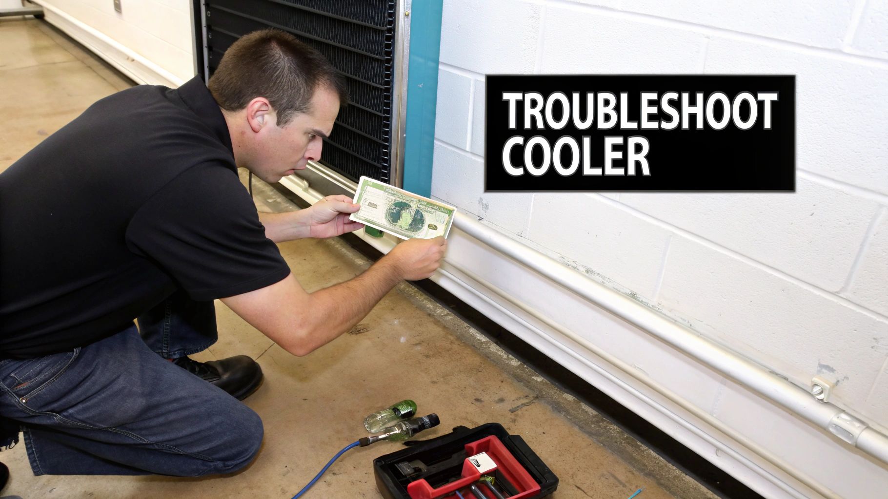 A man kneels and inspects a commercial walk-in cooler, holding a document while troubleshooting it.