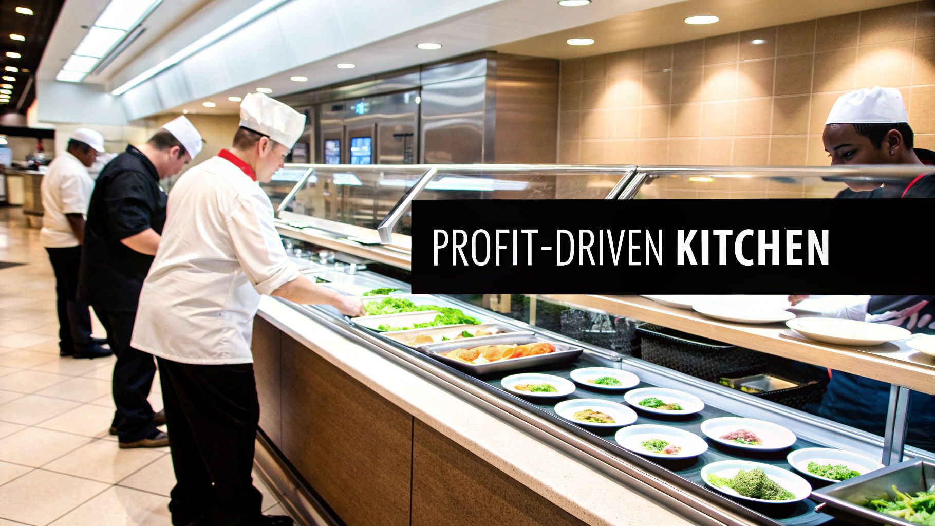 Chefs in white and black uniforms working at a modern buffet line in a commercial kitchen.