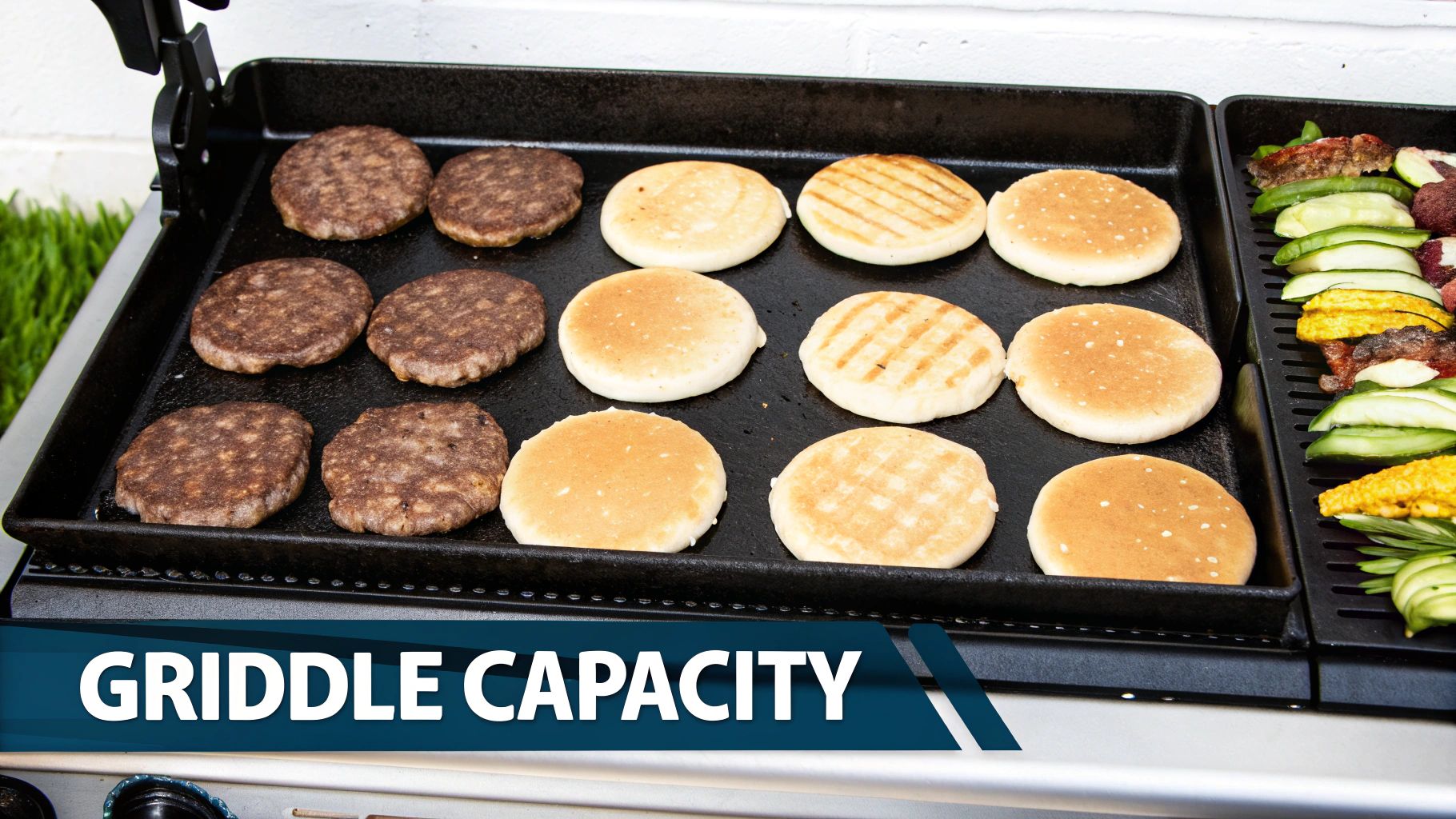 A large griddle cooking burgers and buns, with grilled vegetables on an adjacent surface.